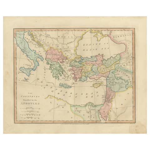 Early Christian World Biblical Map — Travels of the Apostles, Antique, 1798