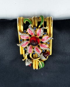 Early CLOTH CLIP from COR0 unsignd, enamelled  flower with rhinstones, 1940s US
