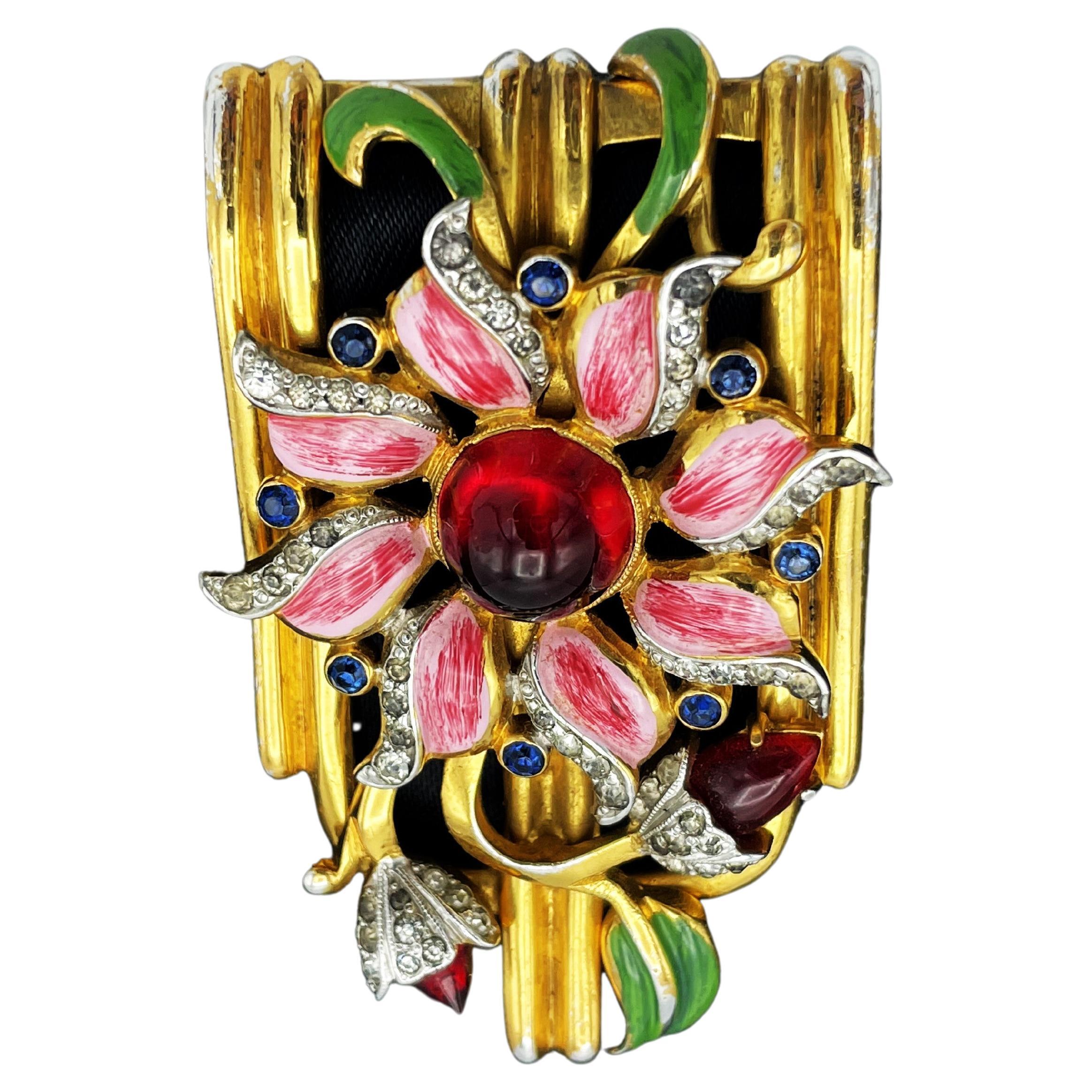  Early CLOTH CLIP from COR0 unsignd, enamelled  flower with rhinstones, 1940s US For Sale