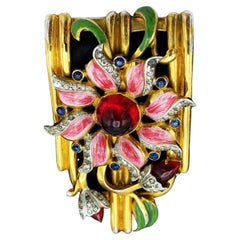 Vintage  Early CLOTH CLIP from COR0 unsignd, enamelled  flower with rhinstones, 1940s US