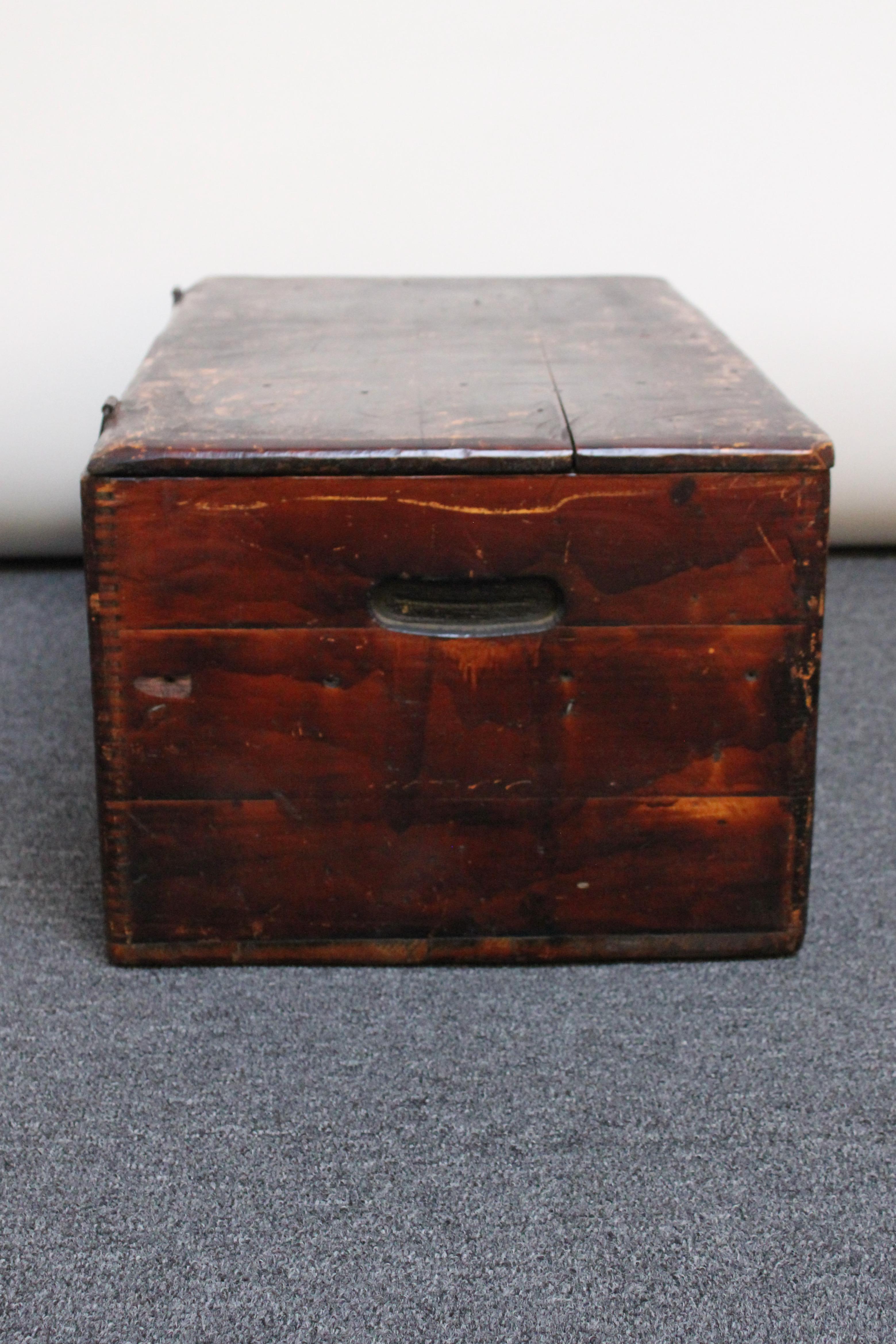 Folk Art Early Colonial Stained Maple Handmade Travel Trunk / Chest with Hinged Top For Sale