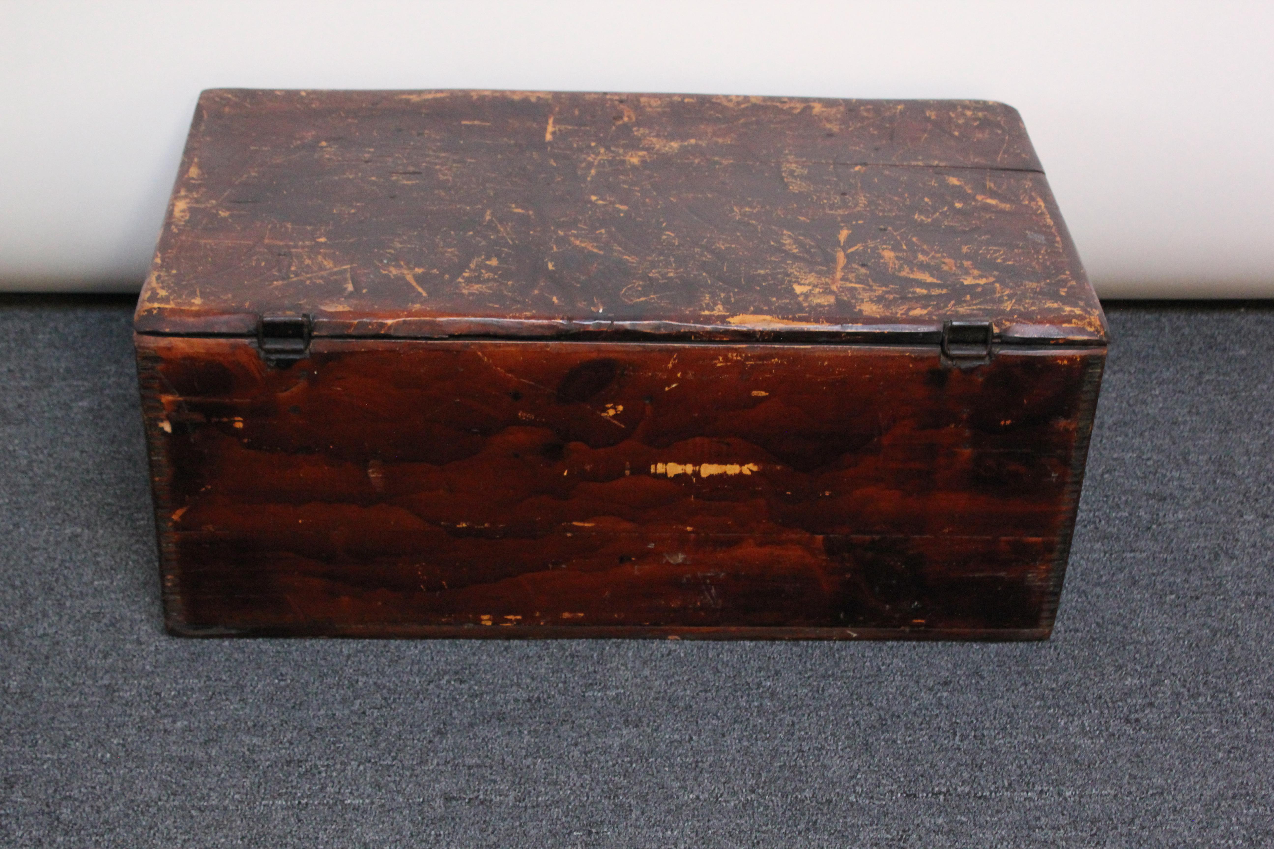 19th Century Early Colonial Stained Maple Handmade Travel Trunk / Chest with Hinged Top For Sale