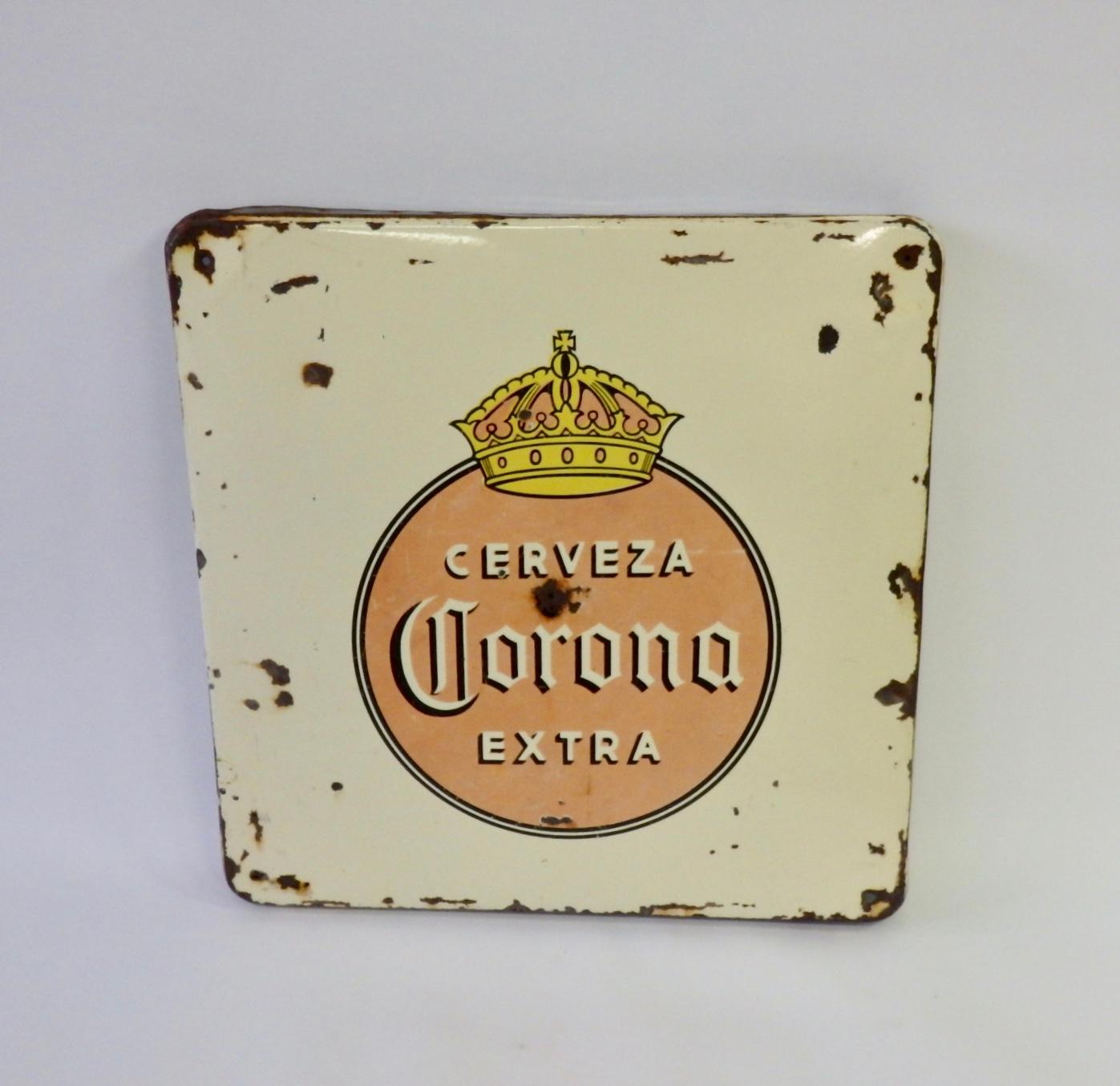 Folk Art Early Corona Beer Porcelain Advertising Sign For Sale