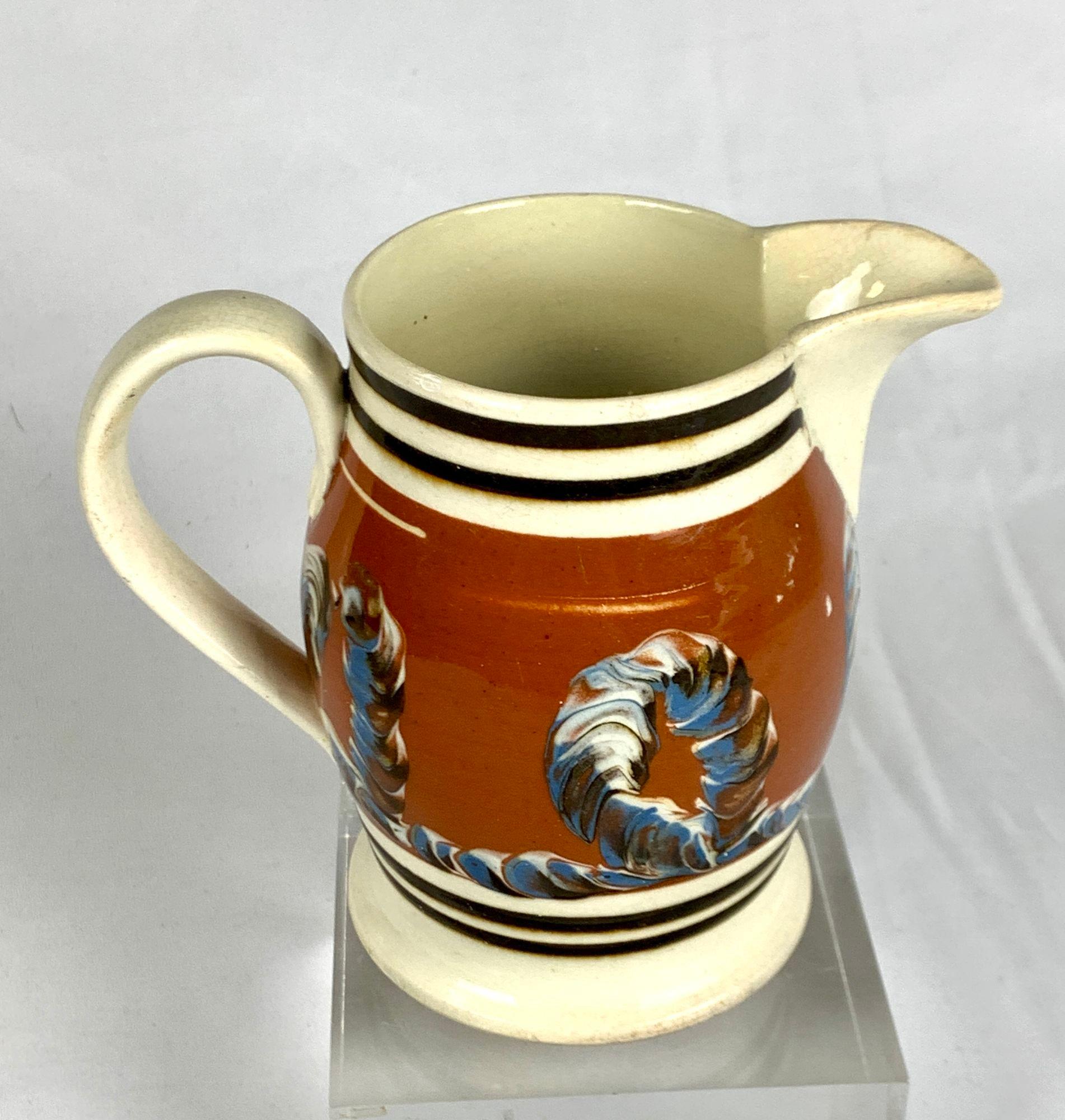 Early Mochaware Creamware Pitcher with Cable Decoration England Circa 1810 In Excellent Condition For Sale In Katonah, NY