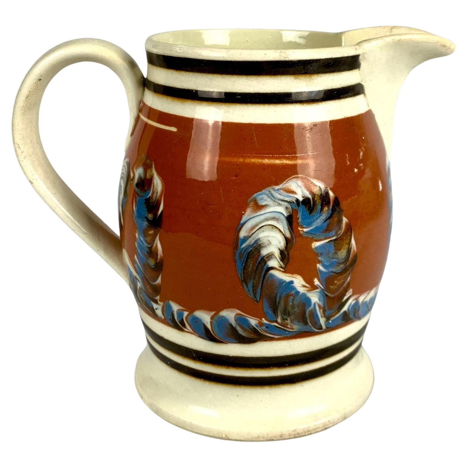 Early Mochaware Creamware Pitcher with Cable Decoration England Circa 1810 For Sale