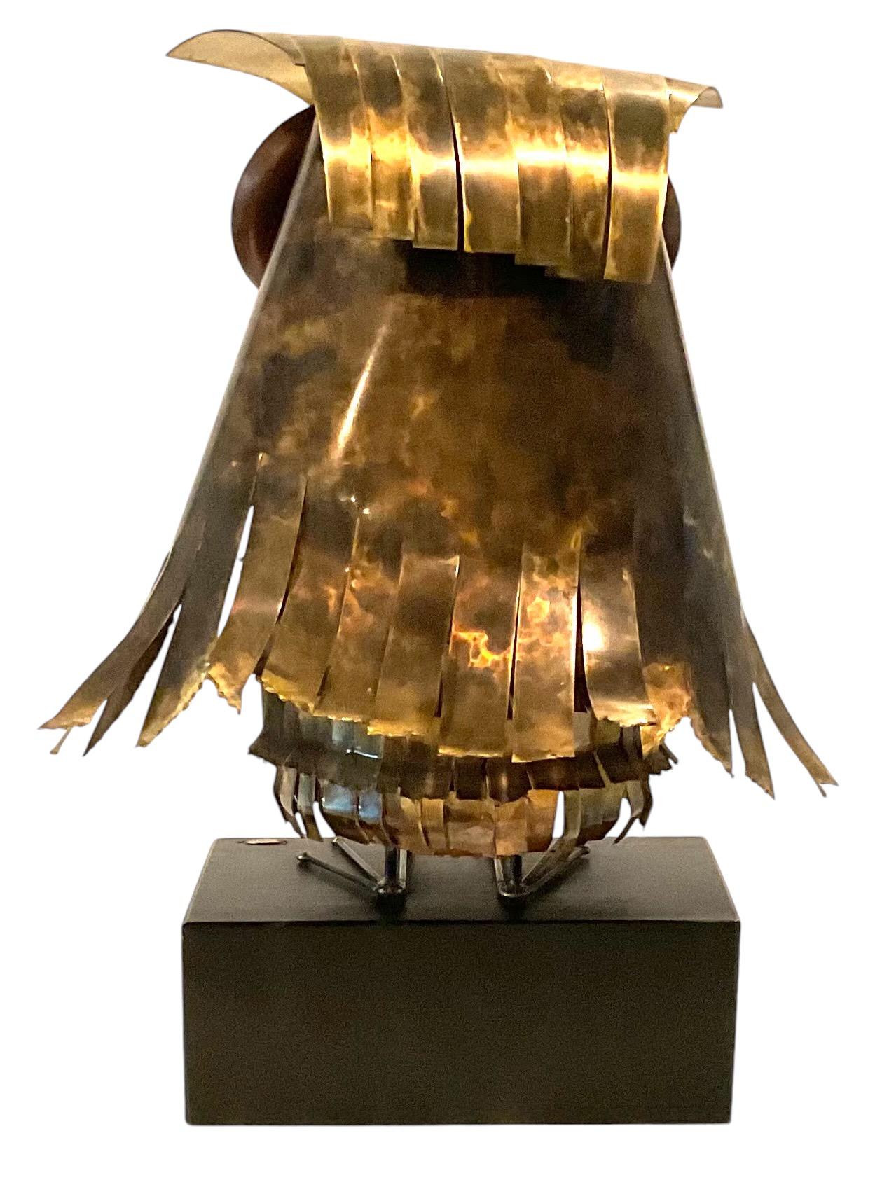 Curtis Jere Large Owl Sculpture with Enamel Decoration Signed and dated early 60s piece. One of the earliest dated pieces we have seen. 

Height  17 x 12 x 10 in