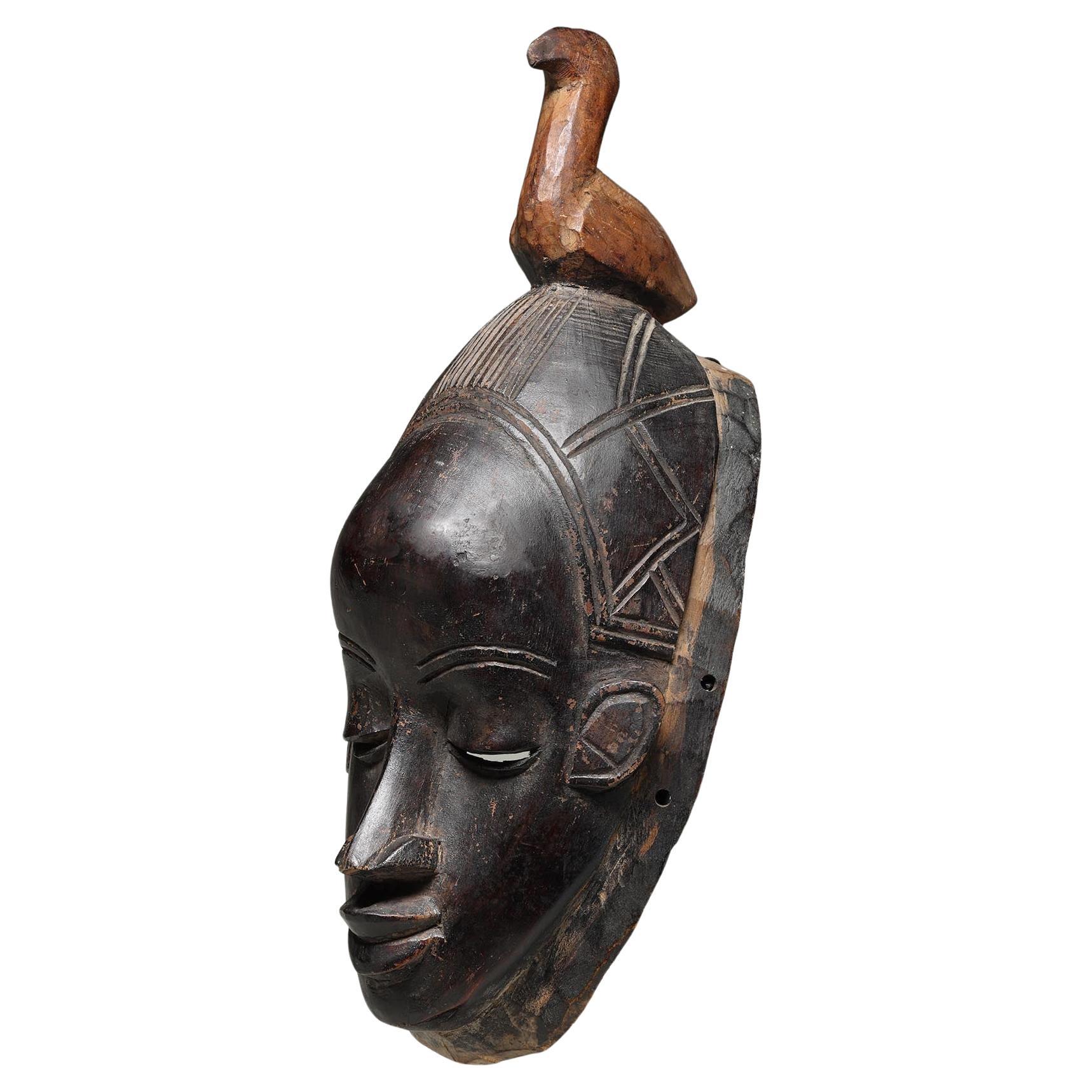 Early Danced Black Wood Mask From the Guro Peoples Ivory Coast Bird on top
