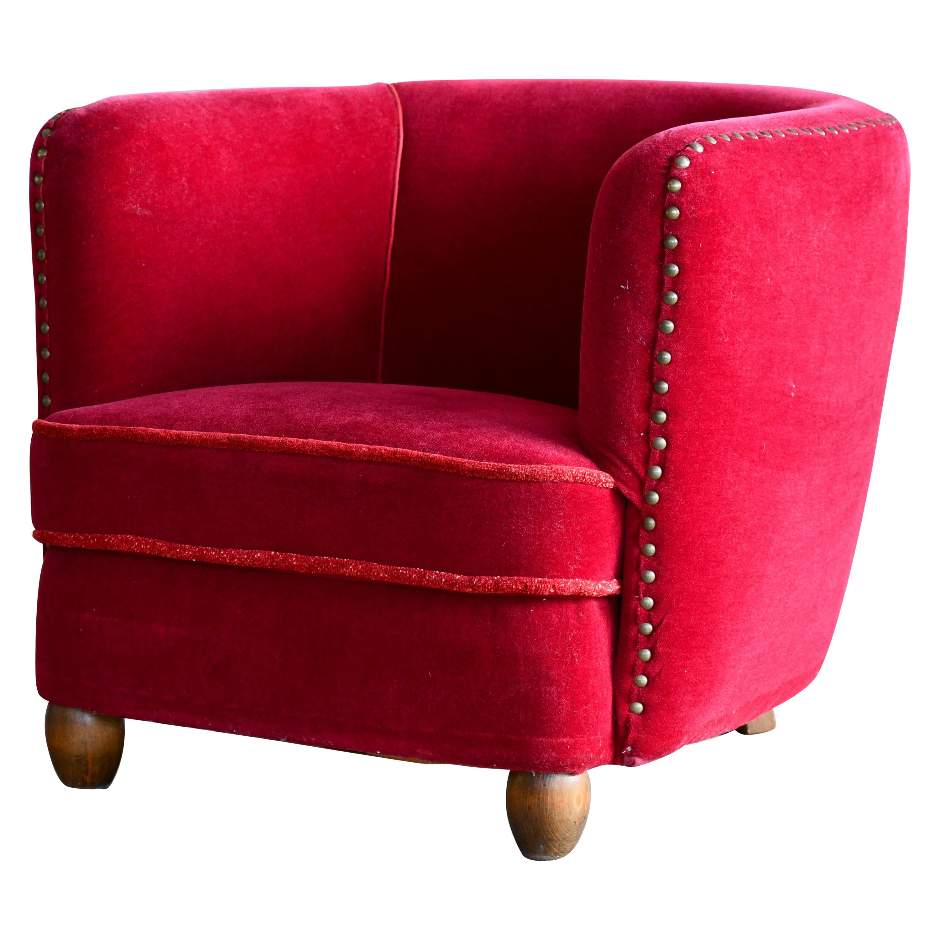 Early Danish Midcentury Low Curved Club Chair with Studs in Red Velvet