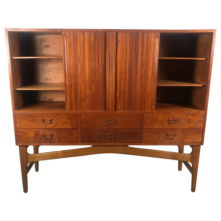 Early Danish Modern "High" Cabinet / Storage, Teak and Beechwood, Tambour Doors For Sale