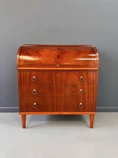 Early Danish Roll Top Desk with Fluted Legs in Booked Matched Veneer Mid Century