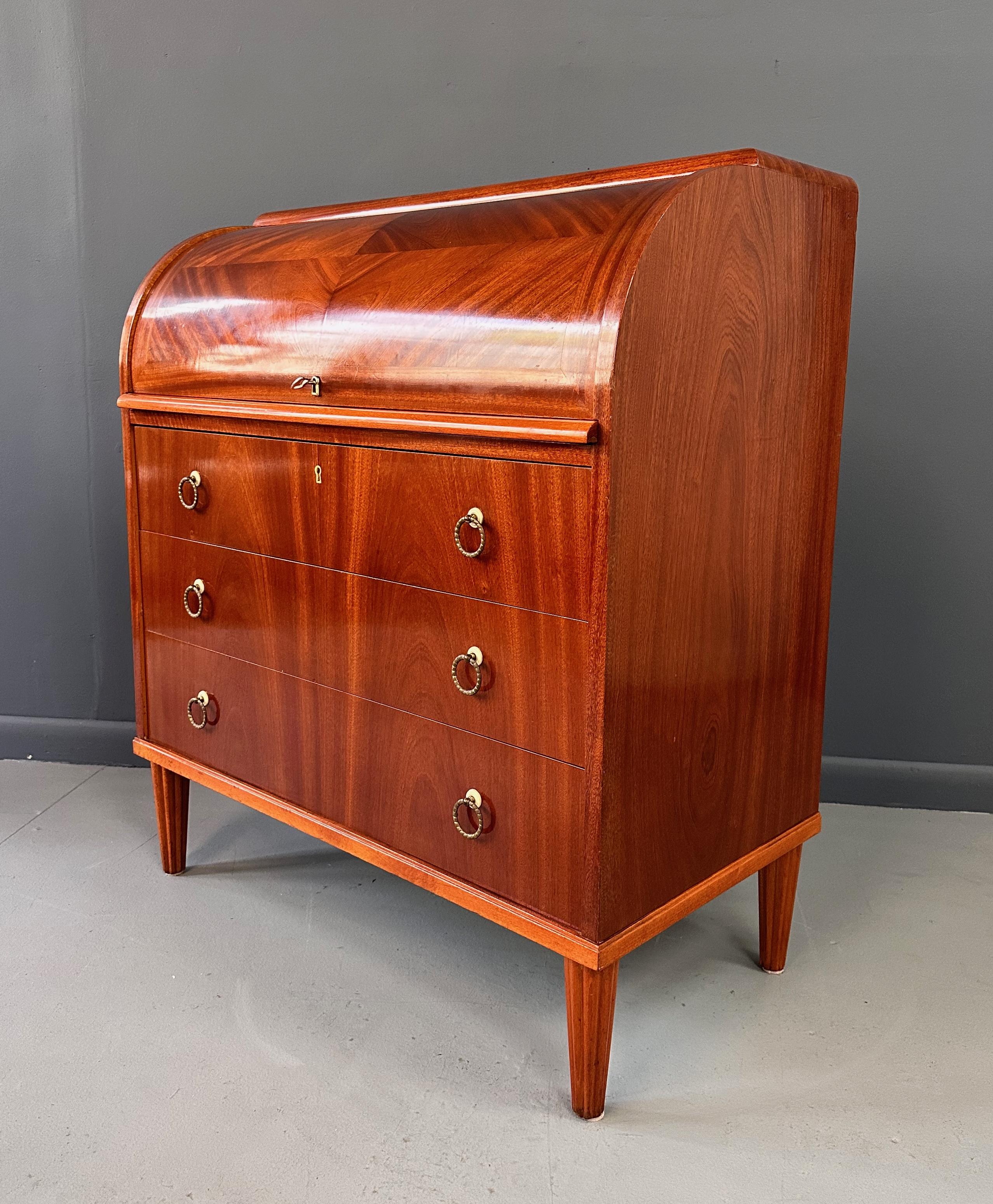 European Early Danish Roll Top Desk with Fluted Legs in Booked Matched Veneer Mid Century For Sale