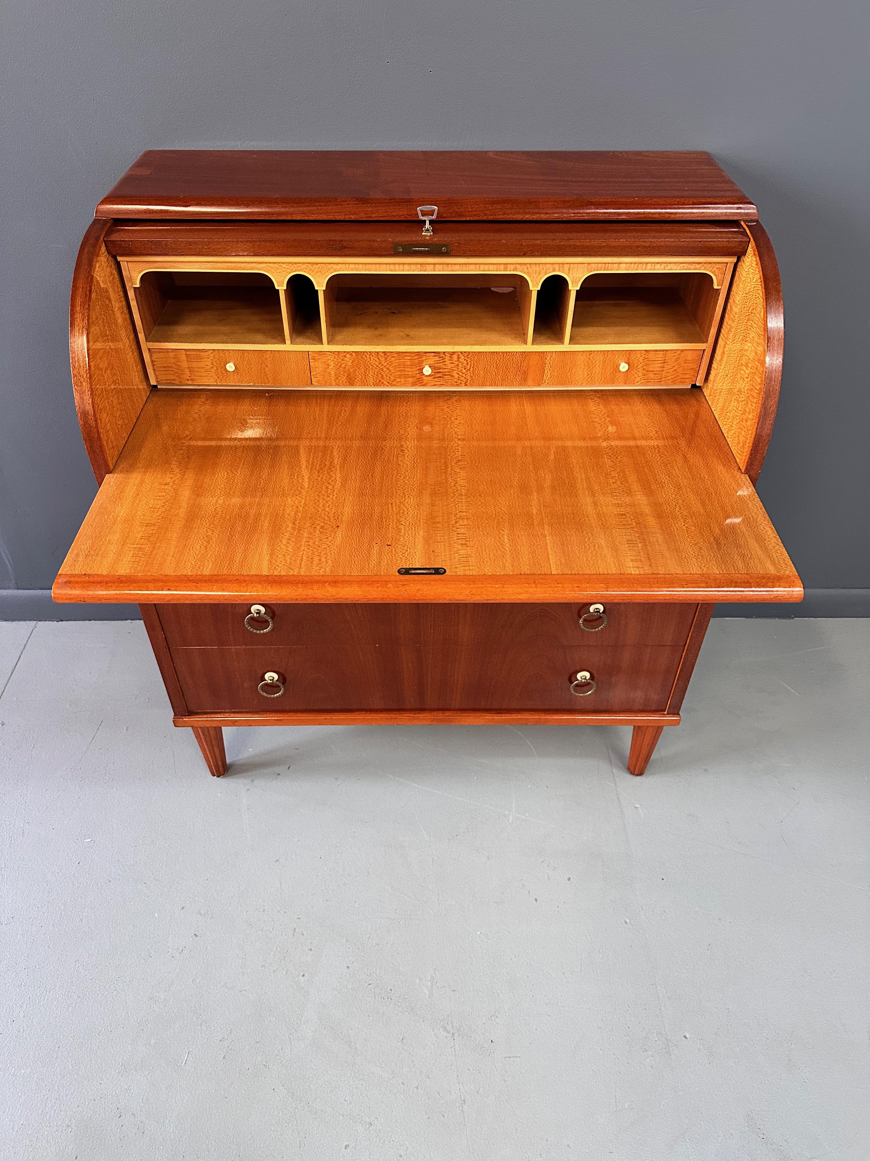 20th Century Early Danish Roll Top Desk with Fluted Legs in Booked Matched Veneer Mid Century For Sale