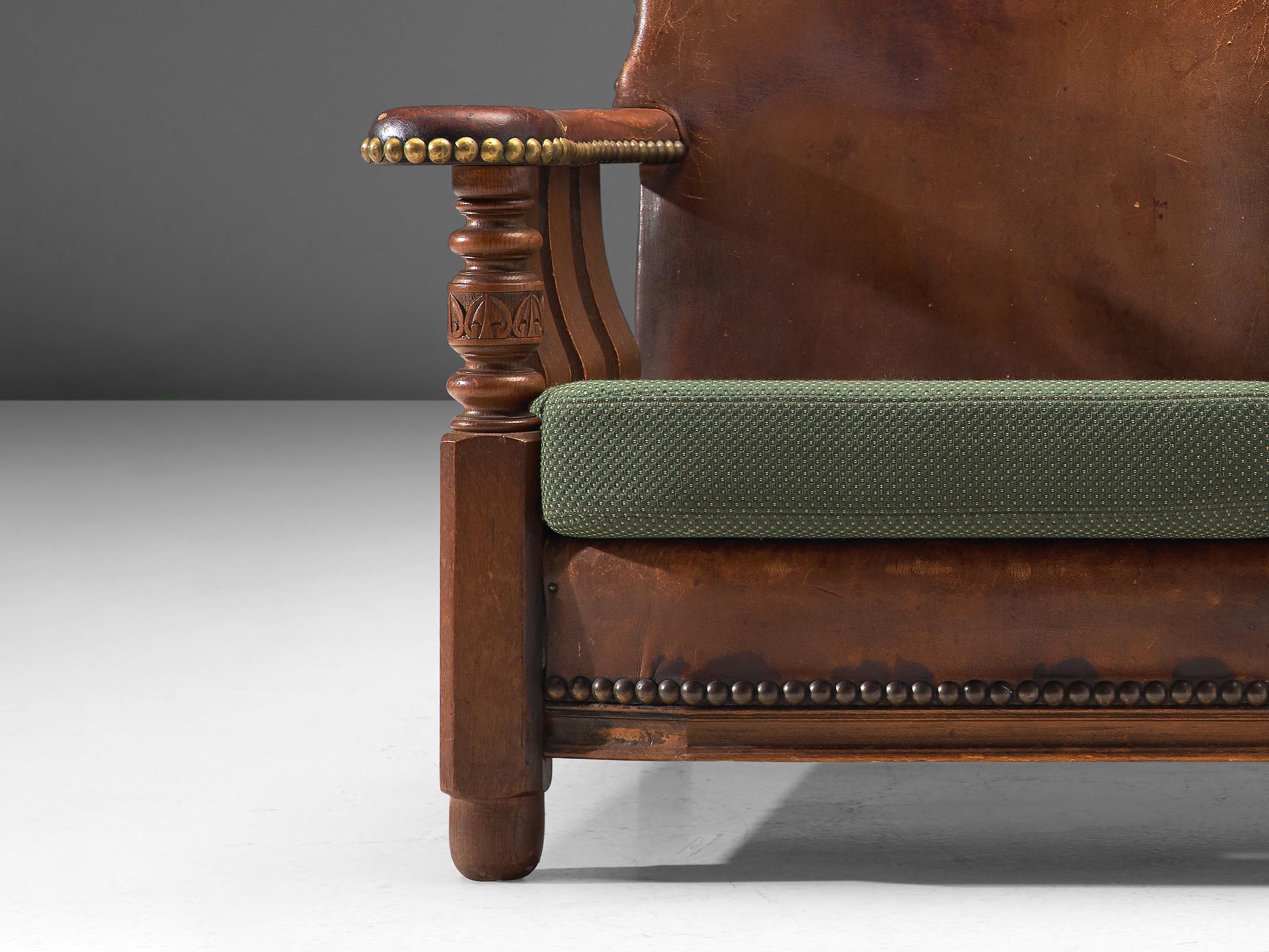 Early 20th Century Early Danish Settee in Leather and Green Upholstery  For Sale