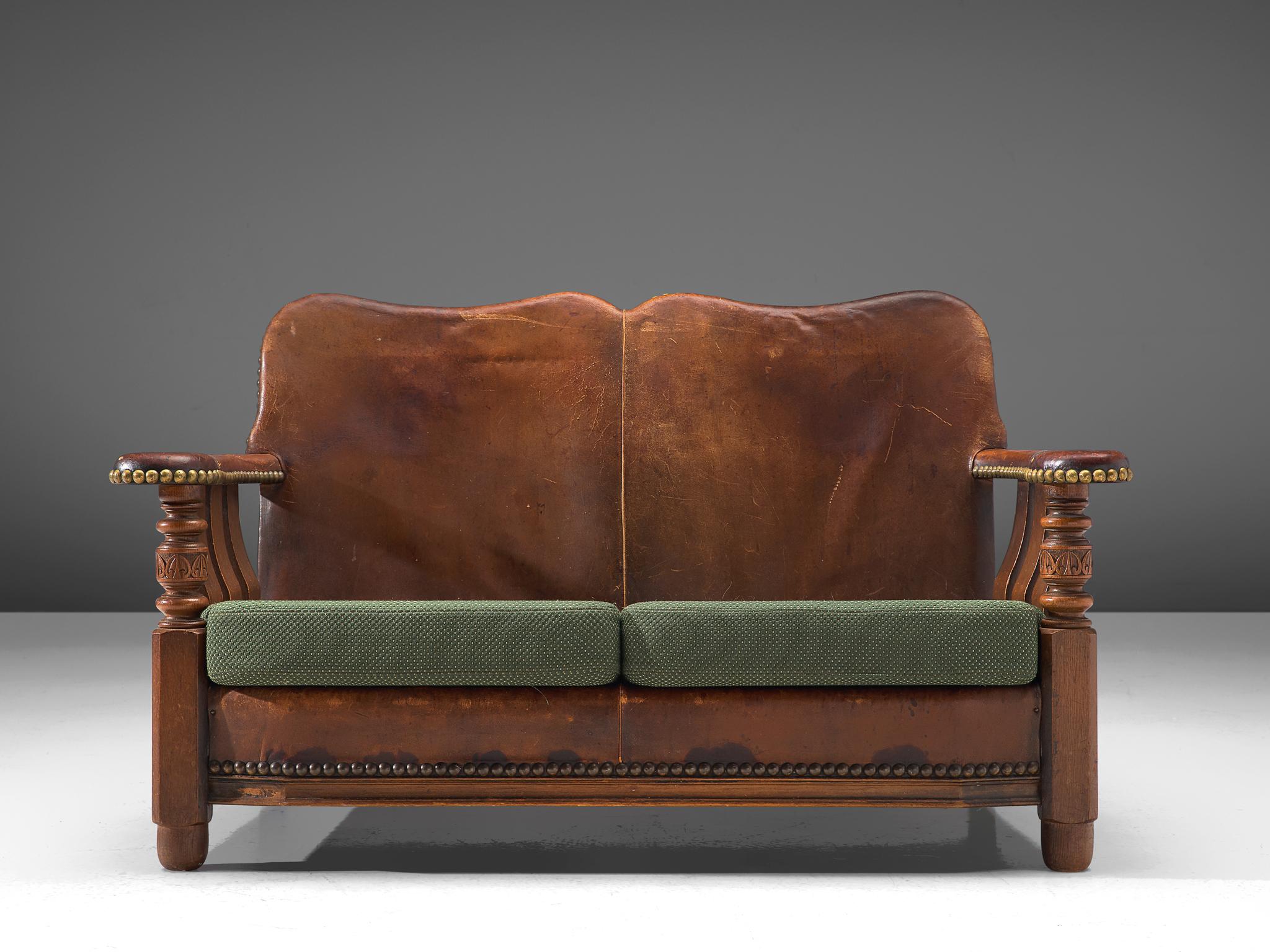Brass Early Danish Settee in Leather and Green Upholstery  For Sale