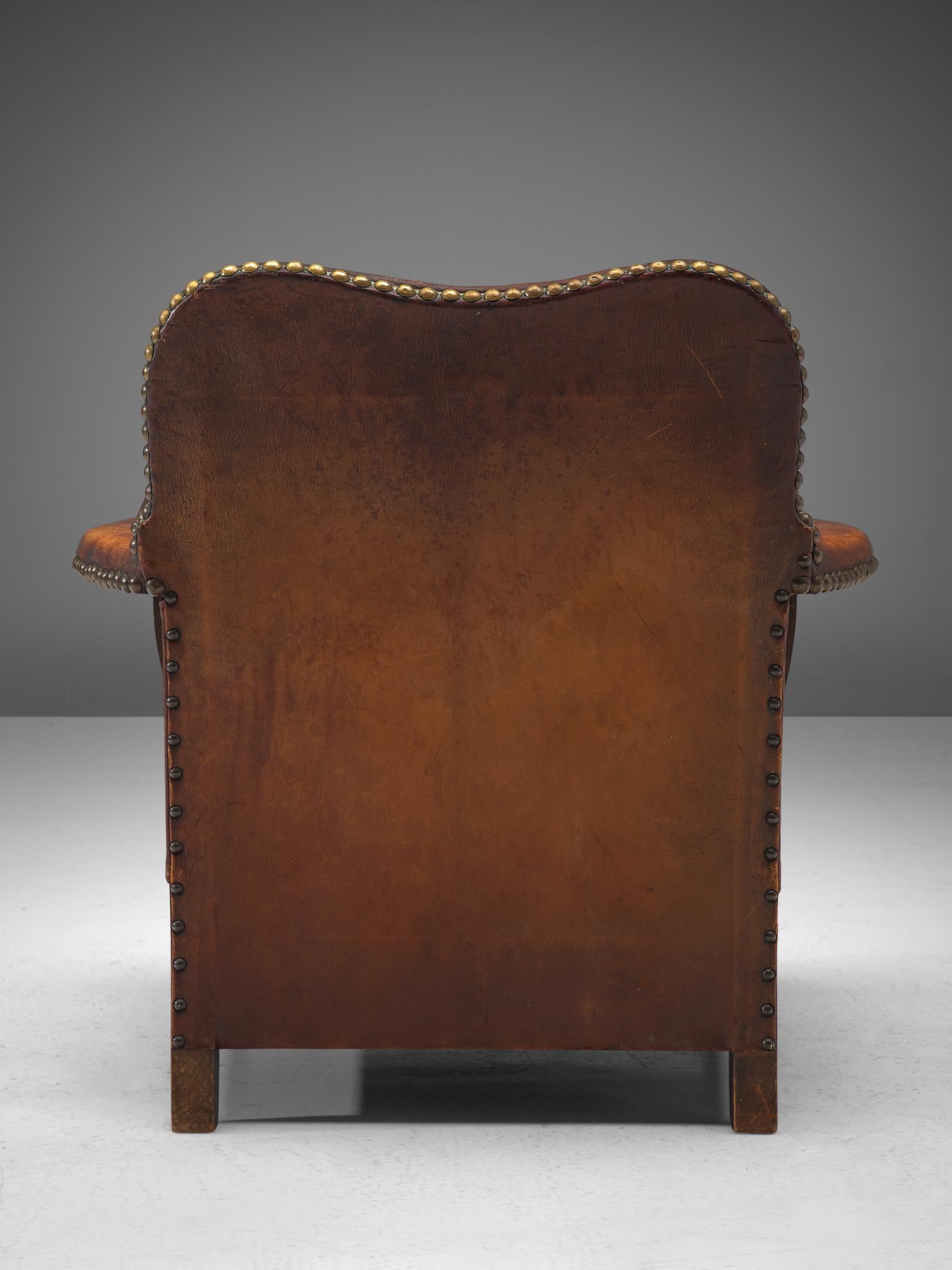 Early Danish Settee Sofa and Lounge Chair with Patinated Leather 4