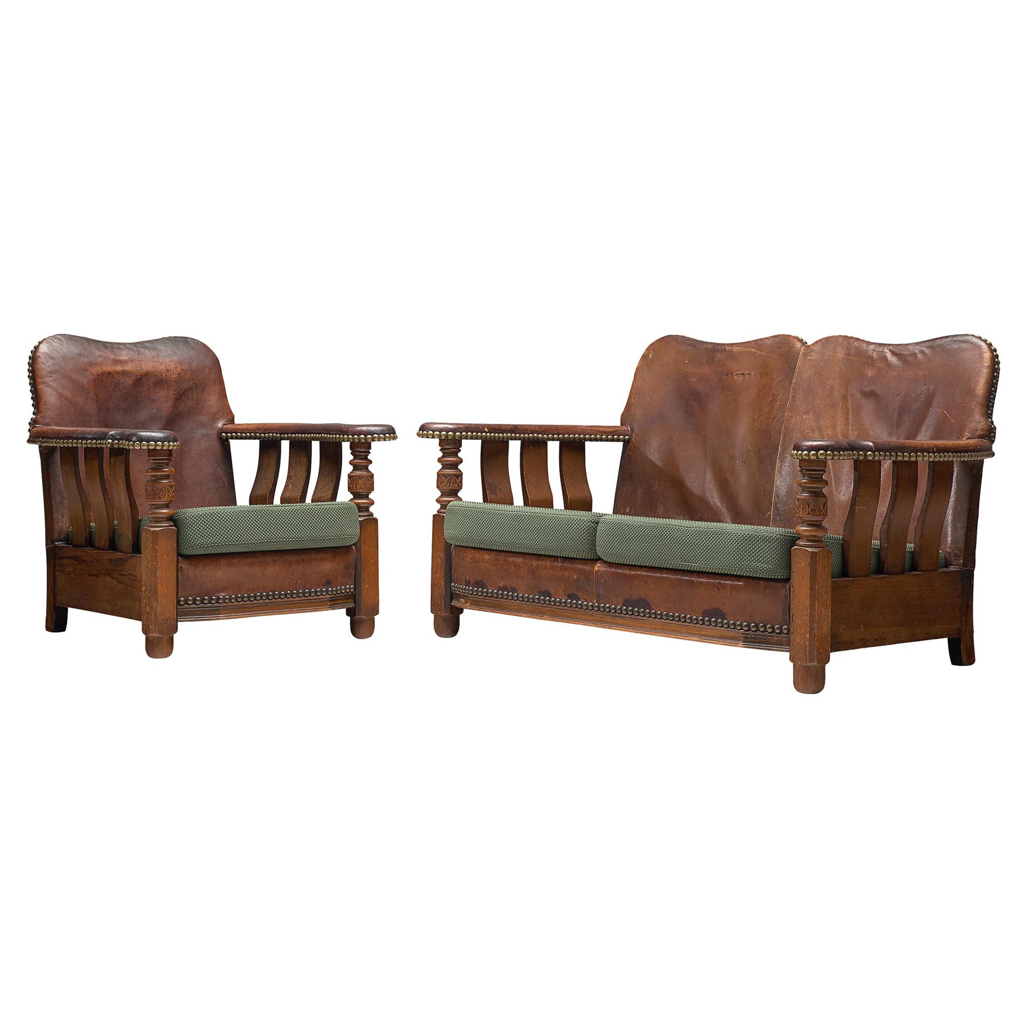 Early Danish Settee Sofa and Lounge Chair with Patinated Leather
