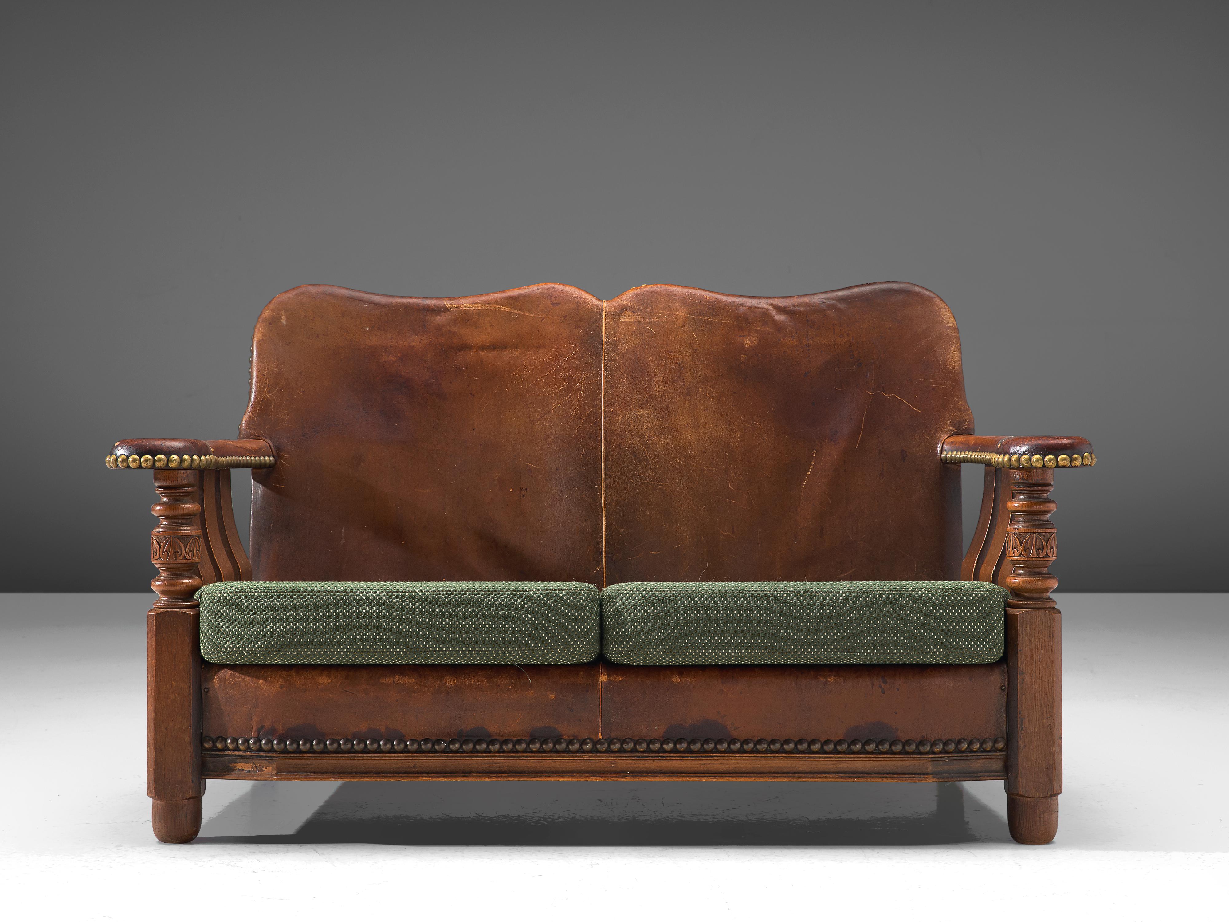 Early Danish Settee in Leather and Green Upholstery  In Good Condition In Waalwijk, NL