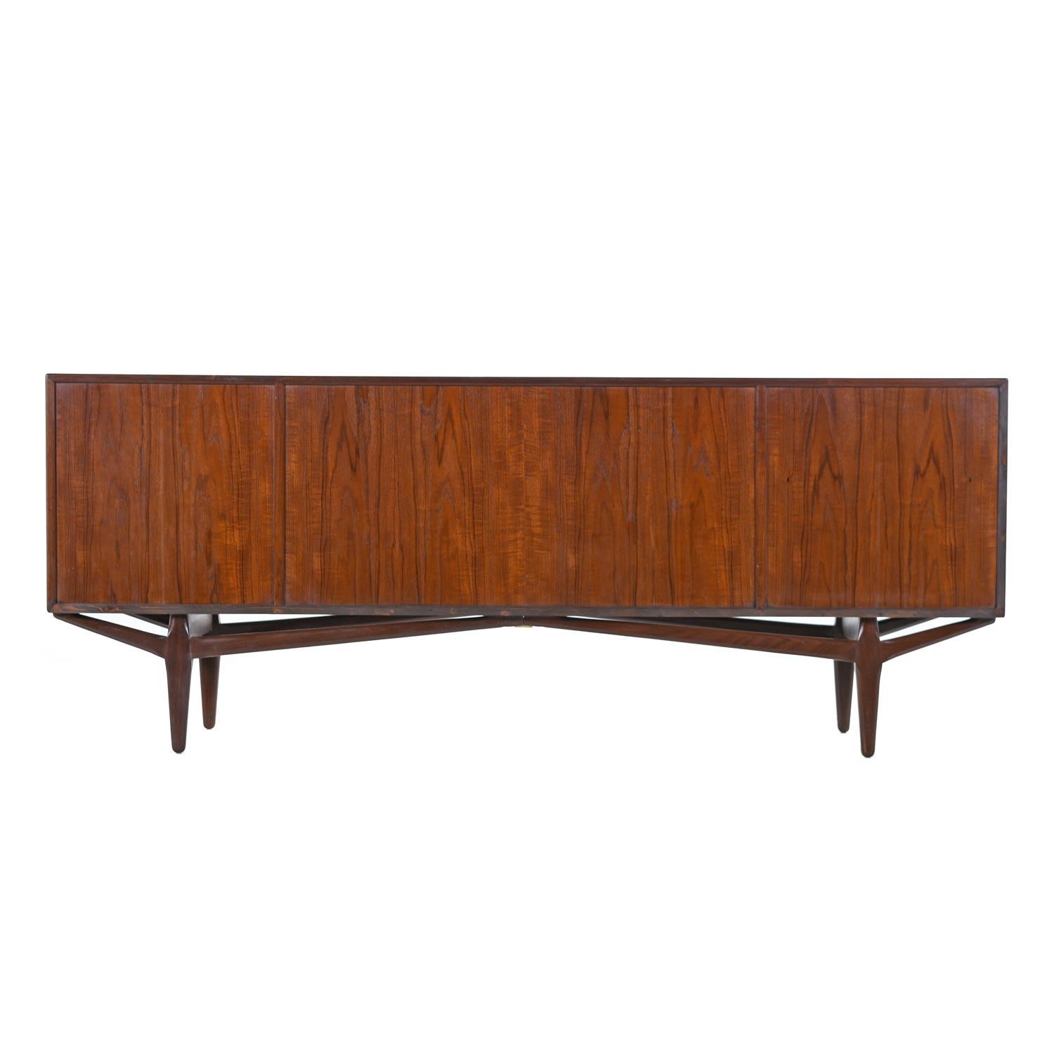Mid-Century Modern Early Danish Teak Credenza Sideboard with Finished Back & Sculpted Rosewood Base