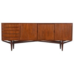 Early Danish Teak Credenza Sideboard with Finished Back & Sculpted Rosewood Base