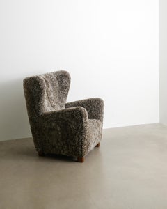 Früher dänischer Ohrensessel aus grauem Schafsleder von Fritz Hansen, 1940er Jahre
