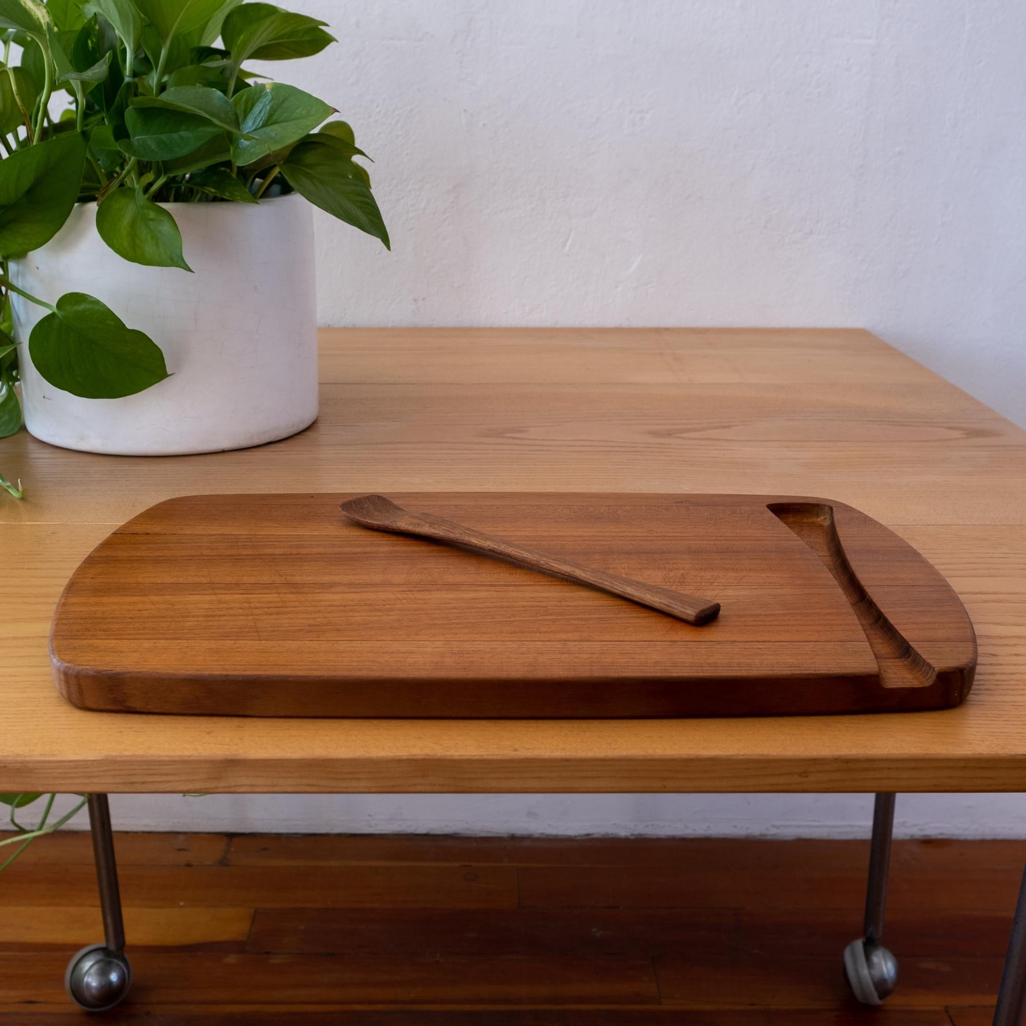 Early Dansk tray with incorporated spoon by Jens Quistgaard. Staved teak with great joinery detailing. Includes the earliest Dansk stamp. This is a hard piece to find, Denmark, 1950s.