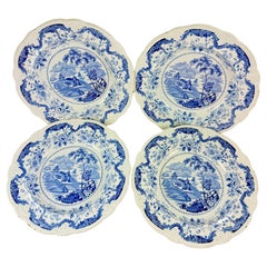 Early Davenport Blue & White Transferware Soup Plates, set of four