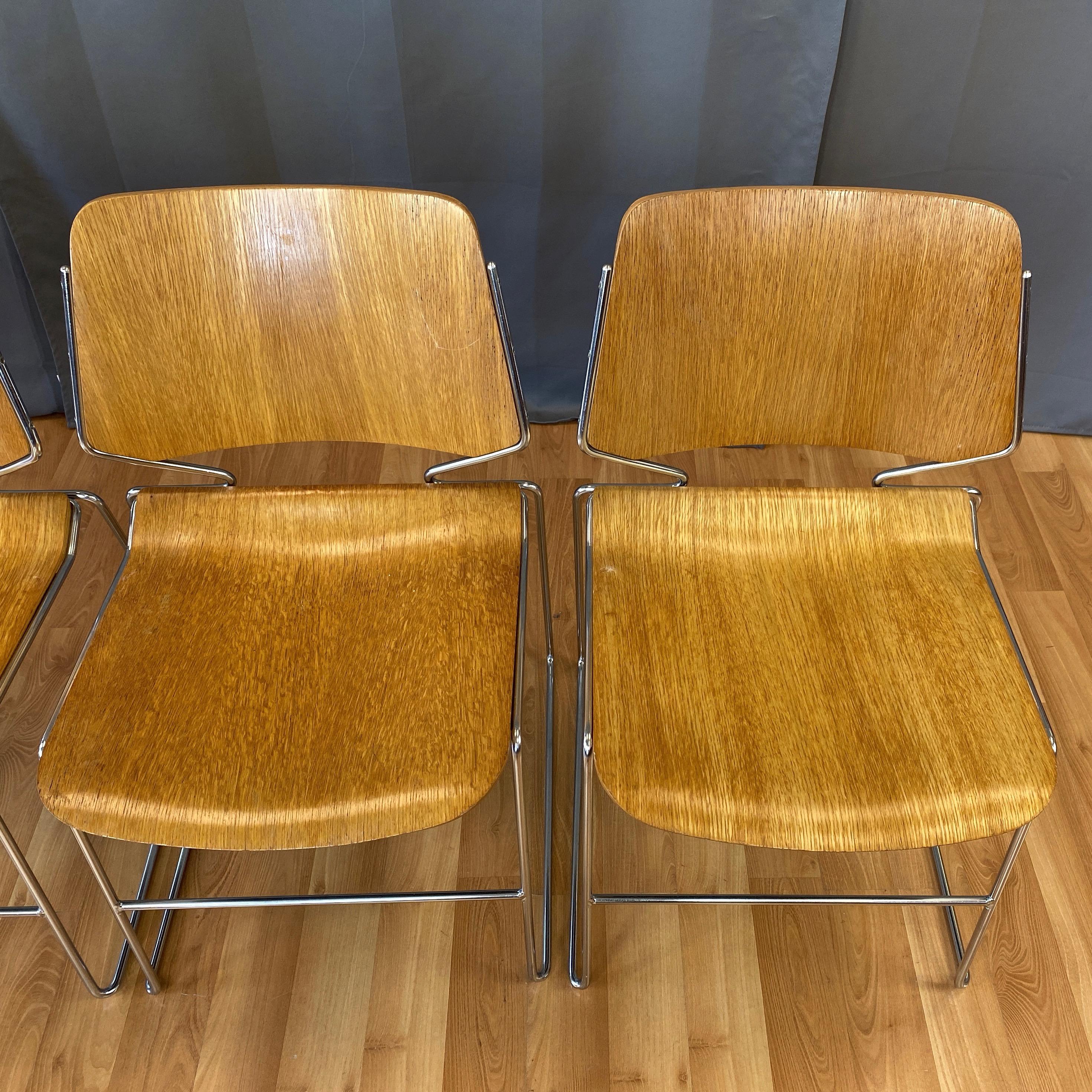 Chrome David Rowland Oak 40/4 Stacking Chairs and Unusual Table, Five-Piece Set