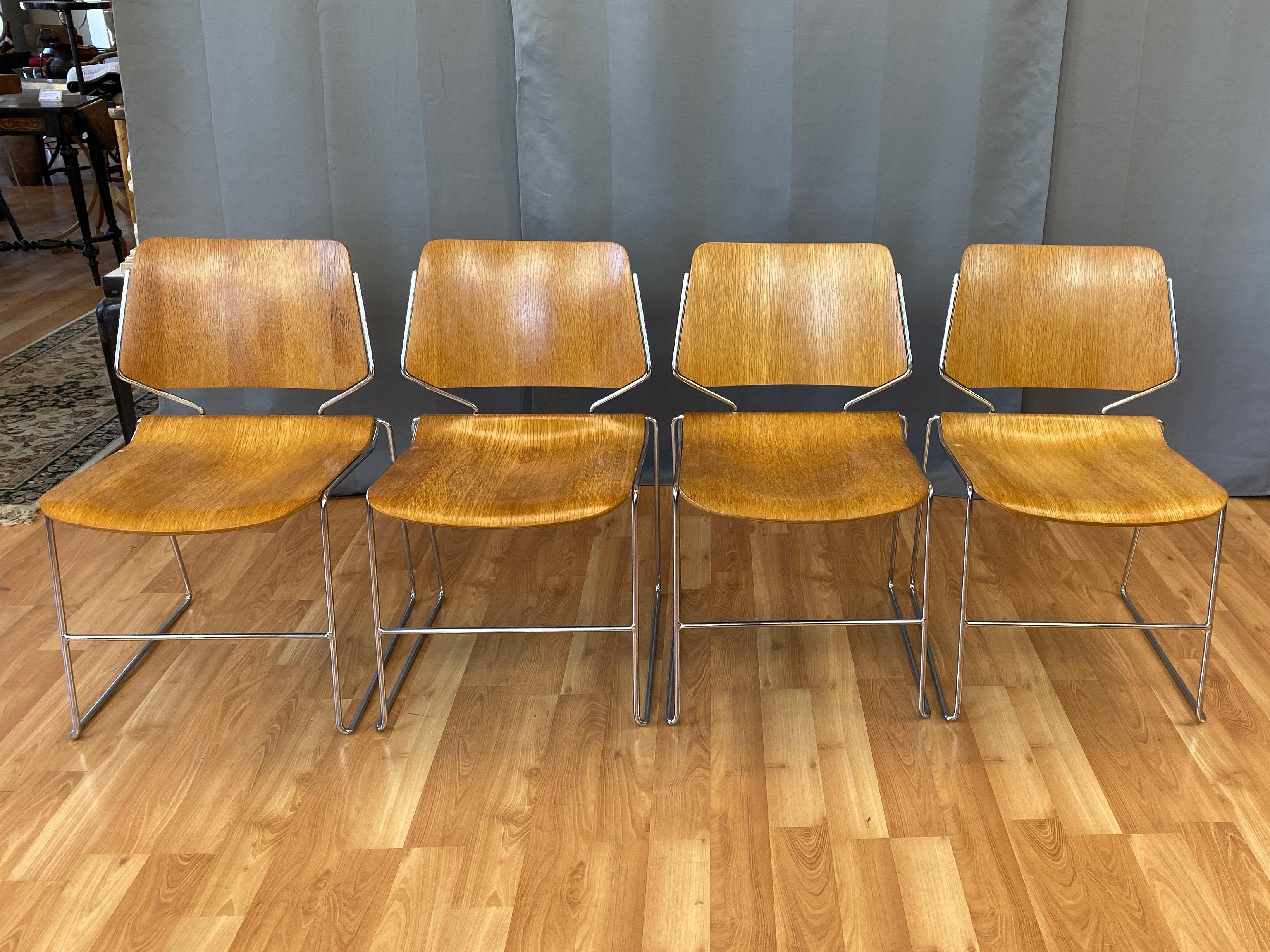 David Rowland Oak 40/4 Stacking Chairs and Unusual Table, Five-Piece Set 6
