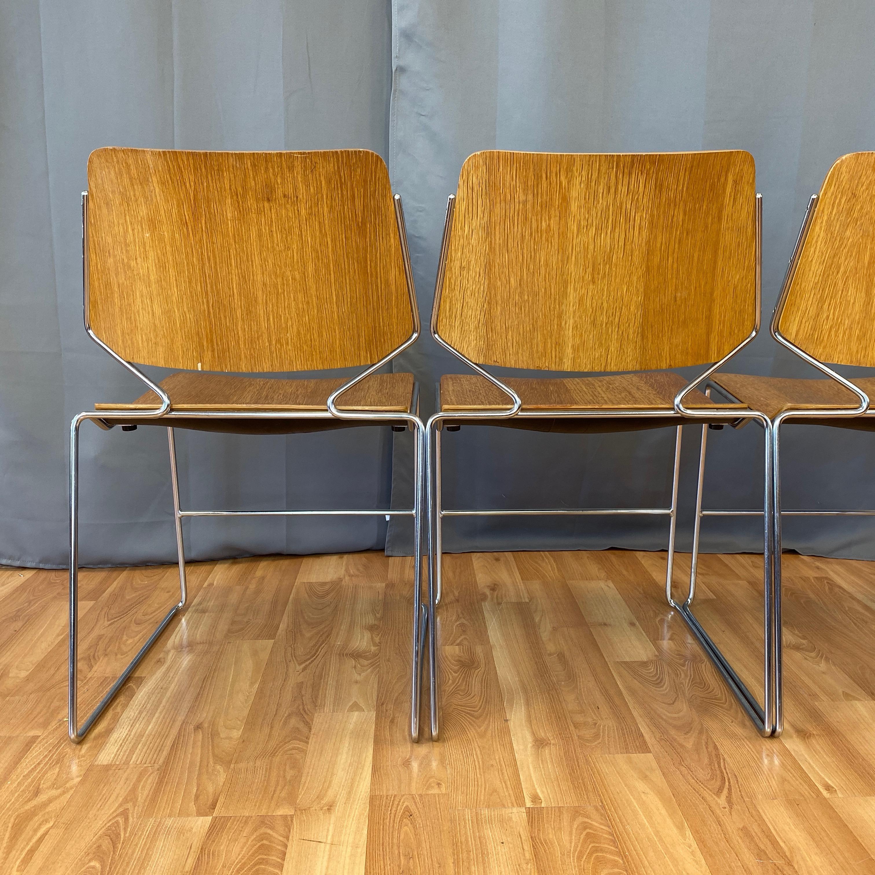 David Rowland Oak 40/4 Stacking Chairs and Unusual Table, Five-Piece Set 7