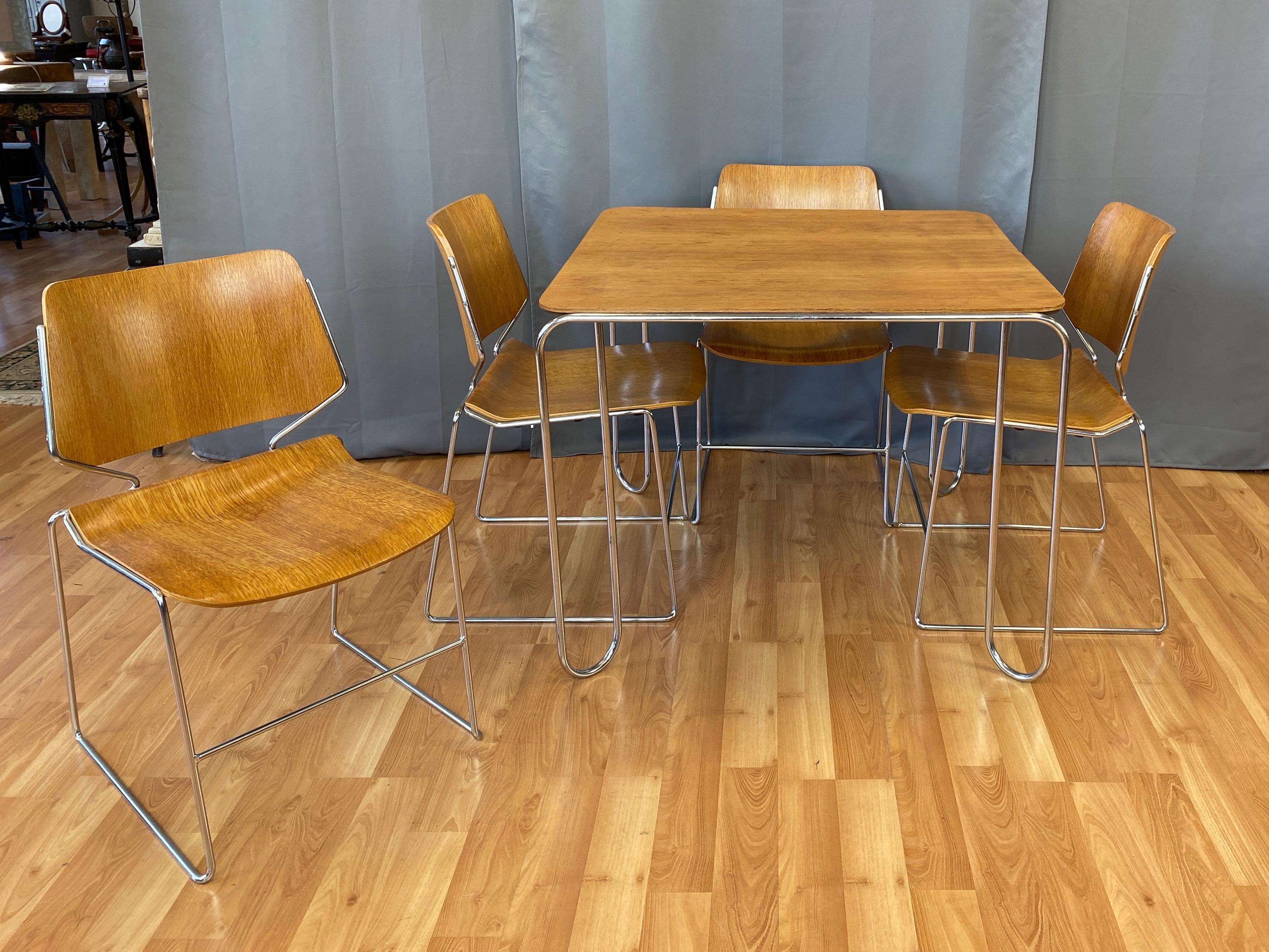American David Rowland Oak 40/4 Stacking Chairs and Unusual Table, Five-Piece Set