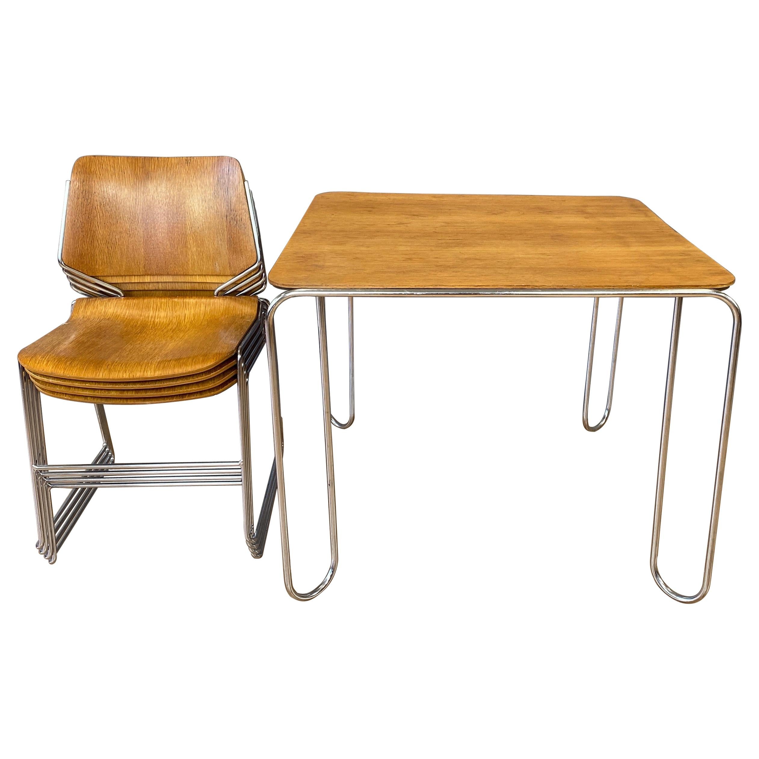 David Rowland Oak 40/4 Stacking Chairs and Unusual Table, Five-Piece Set