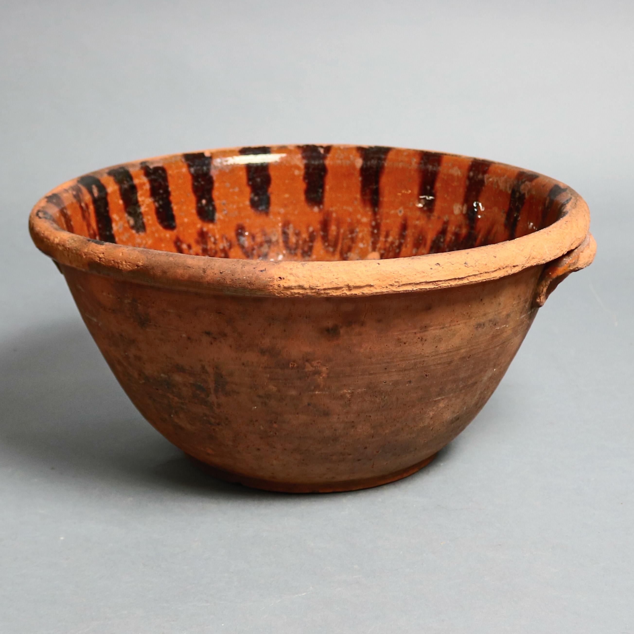 American Colonial Early Decorated Redware Handled Mixing Bowl, circa 1840