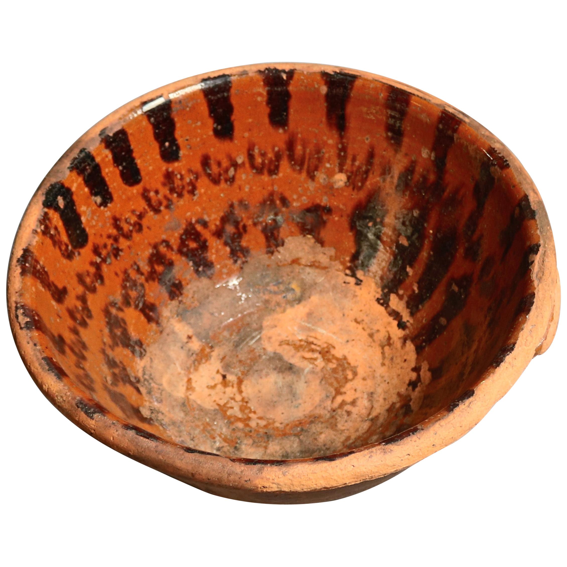 Early Decorated Redware Handled Mixing Bowl, circa 1840