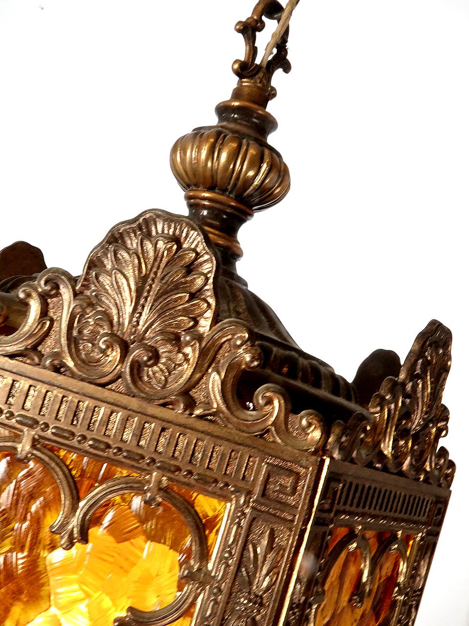 Gothic Revival Early Decorative Amber Glass Gothic Pendent For Sale