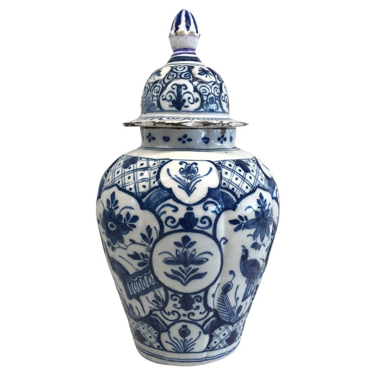 Early Delft Blue and White Vase with Top at 1stDibs