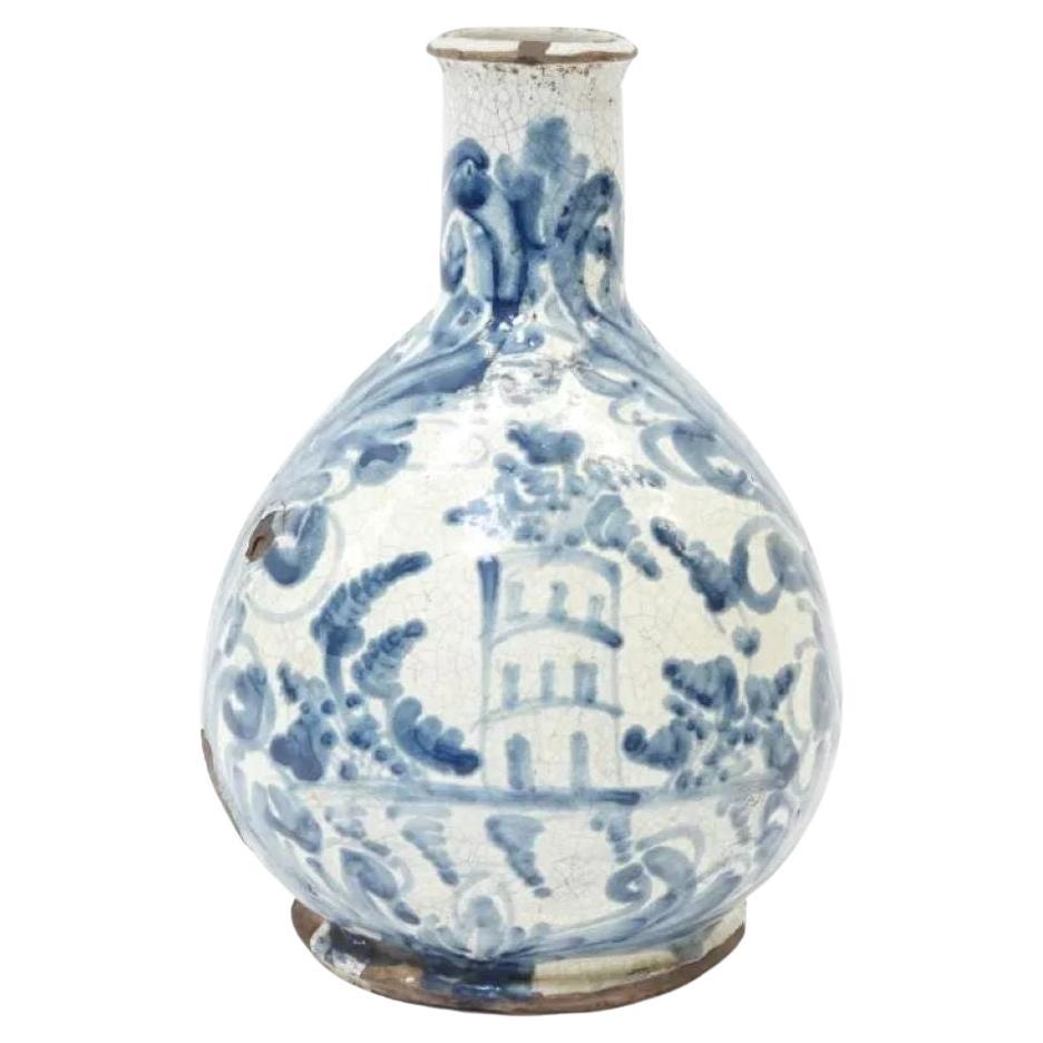 Early Delft Bottle in Blue and White Glaze, 17th Century