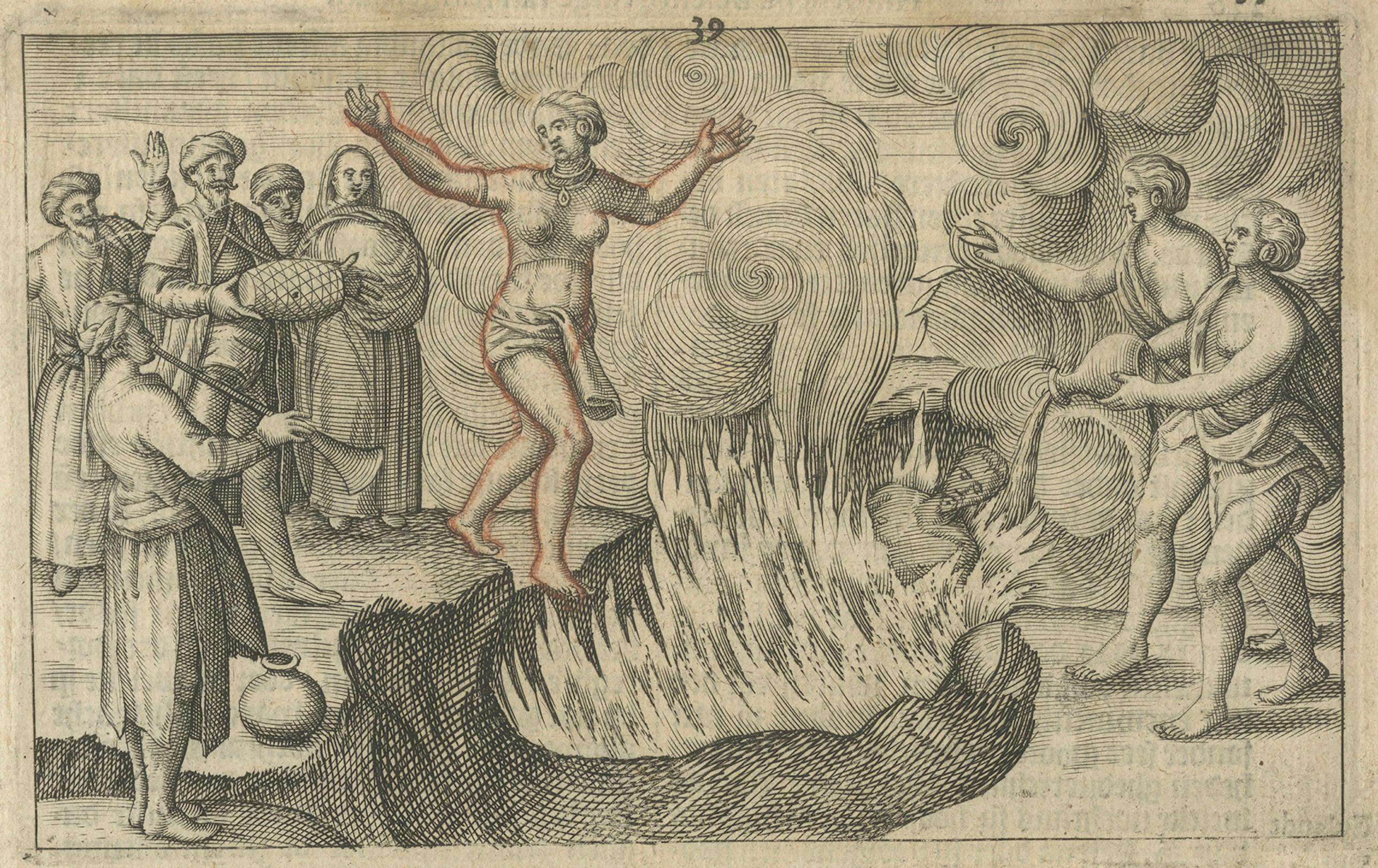 Title: Early Depiction of Sati Ritual, Widow Burning on Pyre, Dutch Engraving c.1601

Description:
An exceptional early 17th-century Dutch engraving illustrating the Hindu ritual of sati, the self-immolation of a widow on her husband’s funeral pyre.