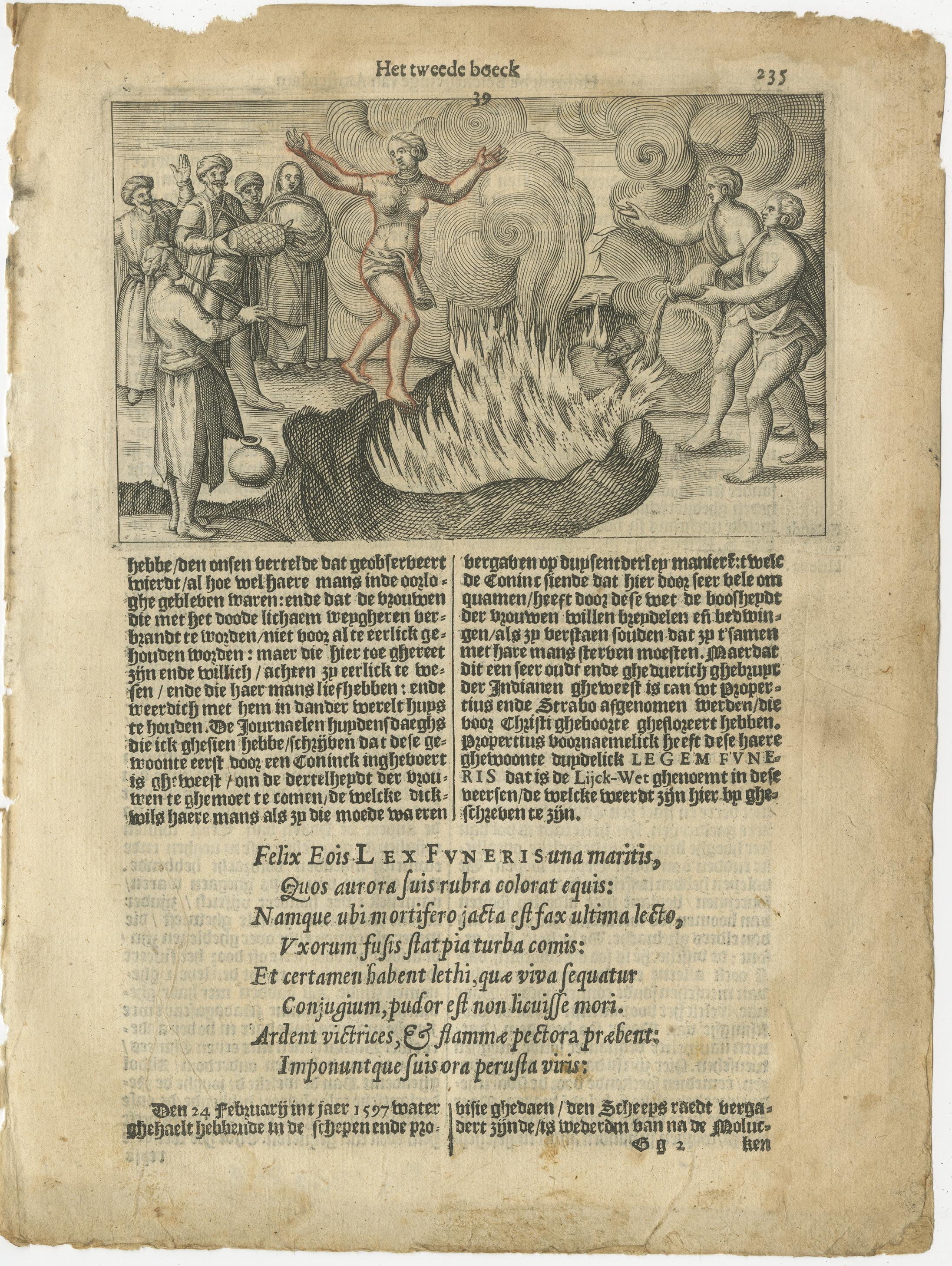 Early Depiction of Sati Ritual, Widow Burning on Pyre, Dutch Engraving c.1601 In Fair Condition For Sale In Langweer, NL