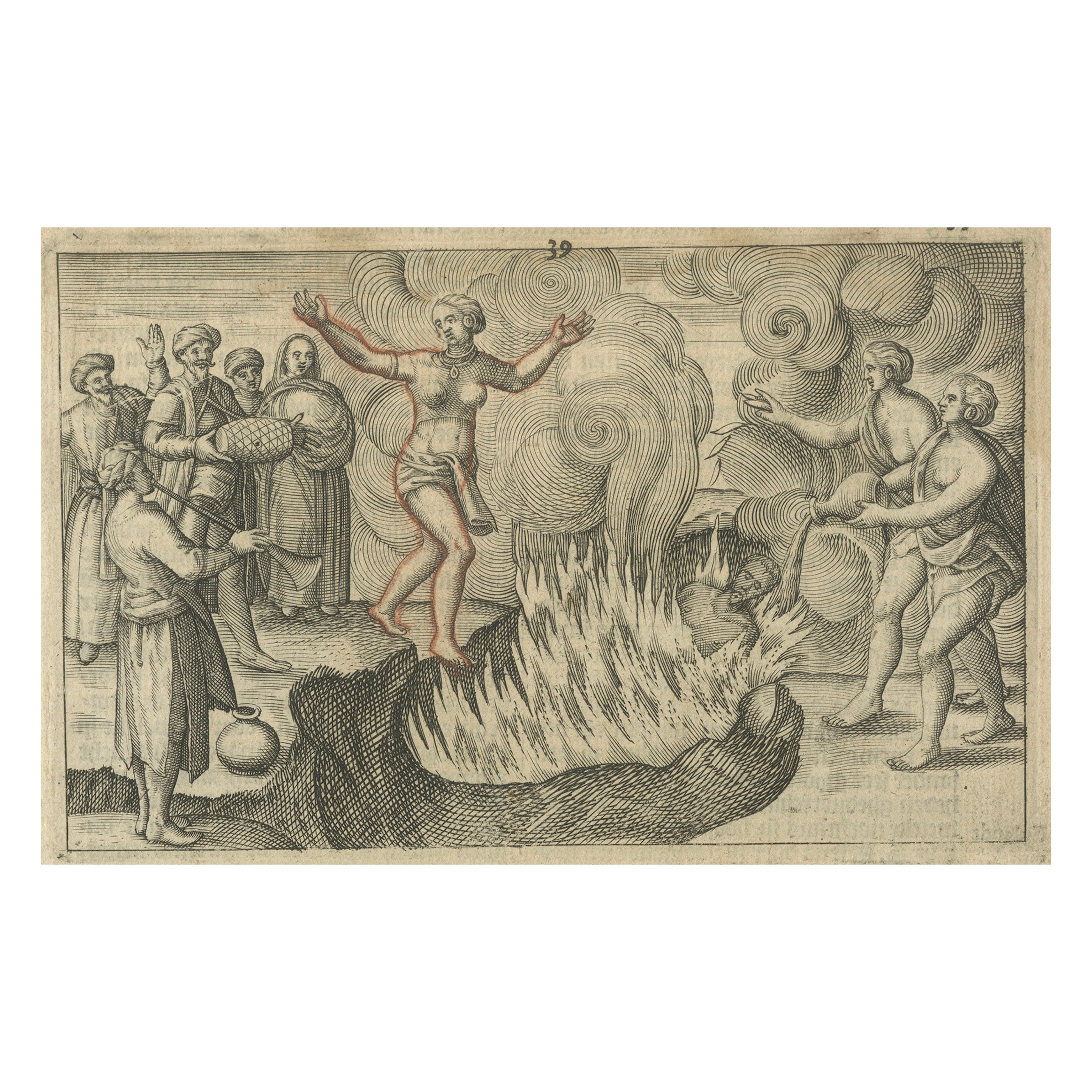 Early Depiction of Sati Ritual, Widow Burning on Pyre, Dutch Engraving c.1601 For Sale