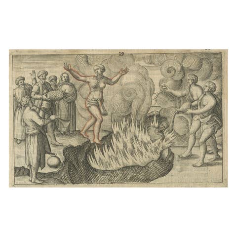 Early Depiction of Sati Ritual, Widow Burning on Pyre, Dutch Engraving c.1601