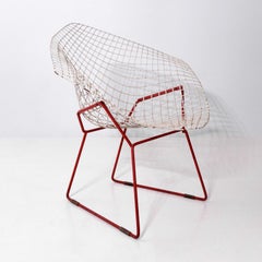 Early Diamond Chair by Harry Bertoia, White and Dark Red Enameled Metal, c. 1956