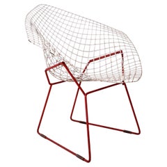 Early Diamond Chair by Harry Bertoia, White and Dark Red Enameled Metal, c. 1956