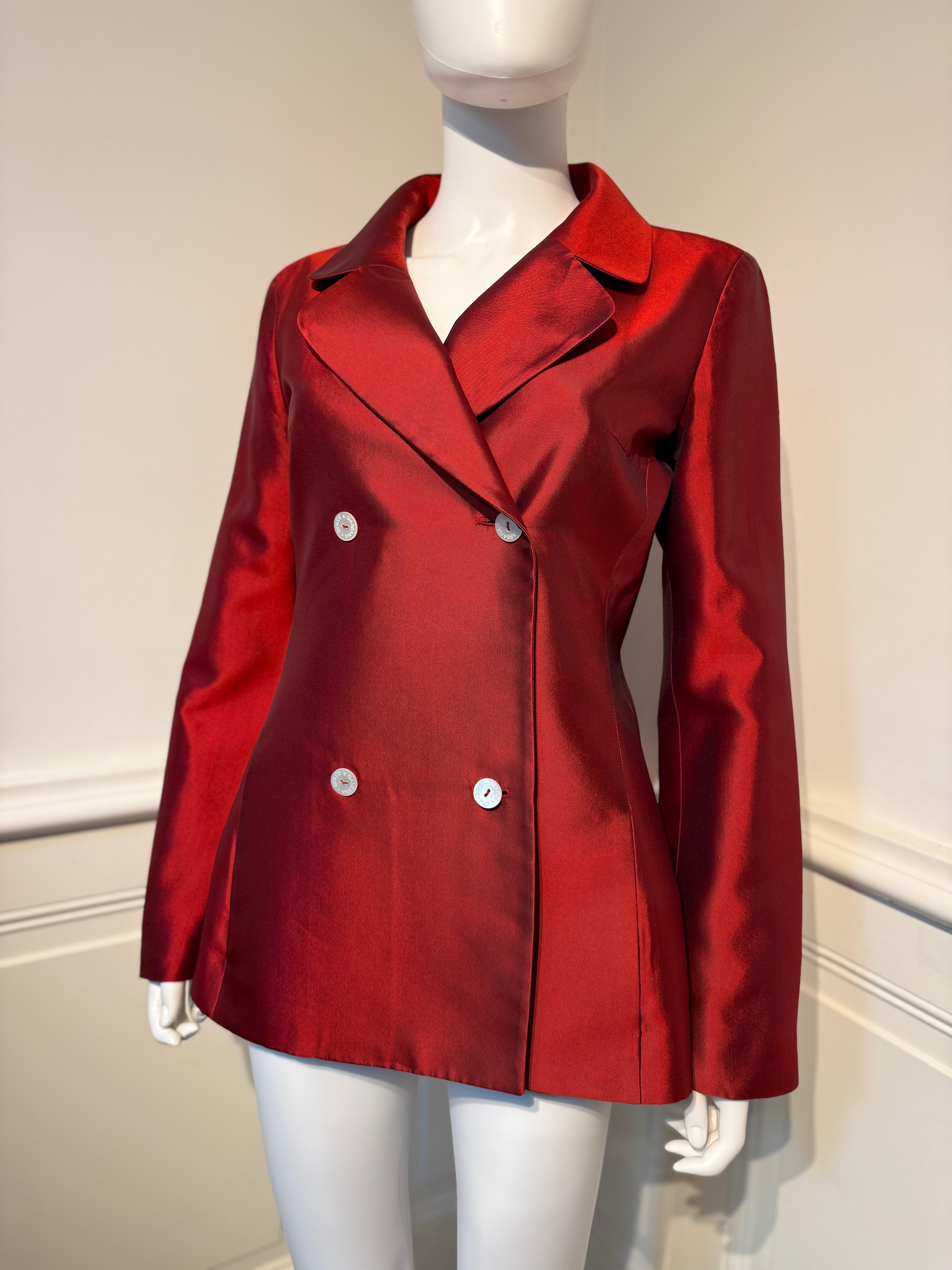 Red Early Documented Dolce&Gabbana Runway Silk Jacket SS 1996 worn by Yasmeen Ghauri For Sale