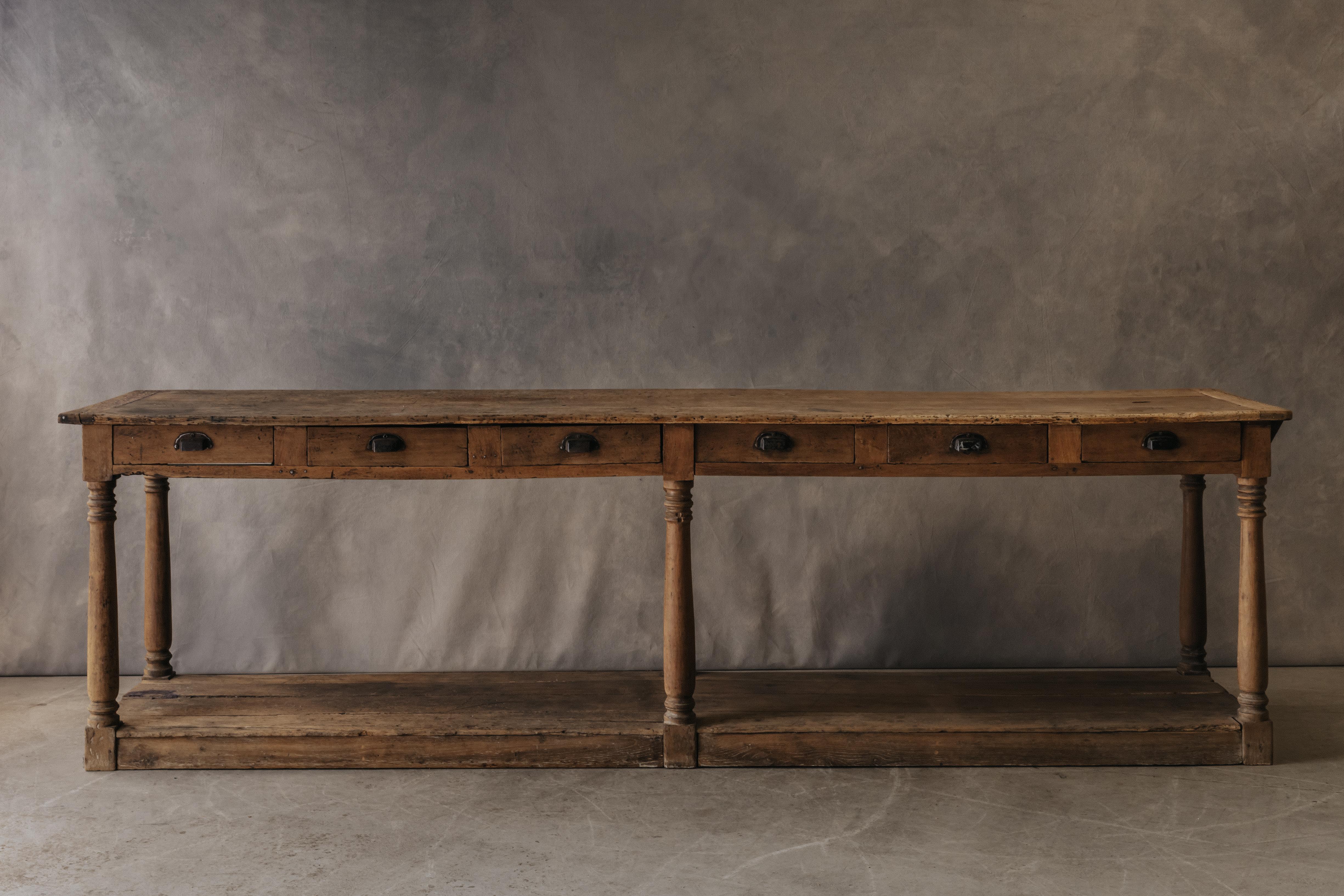Early Draper Console Table From France, Circa 1940.  Solid oak construction with superb original patina and wear.  