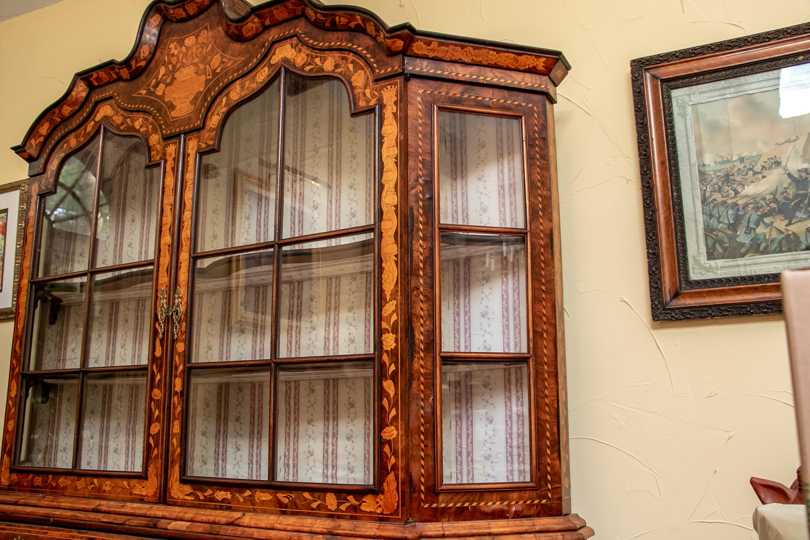 Brass Early Dutch Bombé Marquetry Display Cabinet for Restoration For Sale