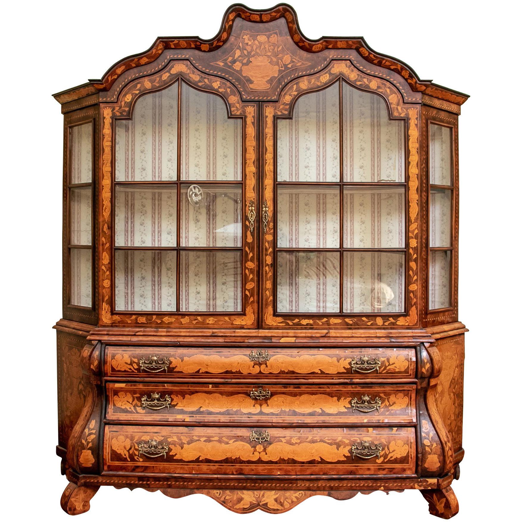 Early Dutch Bombé Marquetry Display Cabinet for Restoration