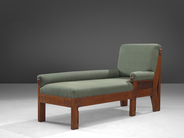 Daybed, soft green upholstery, oak, brass, the Netherlands, 1930s.

This freestanding daybed is from a Dutch origin and features a dark stained oak frame in combination with a moss green velvet upholstery. The daybed has a high board with corners.