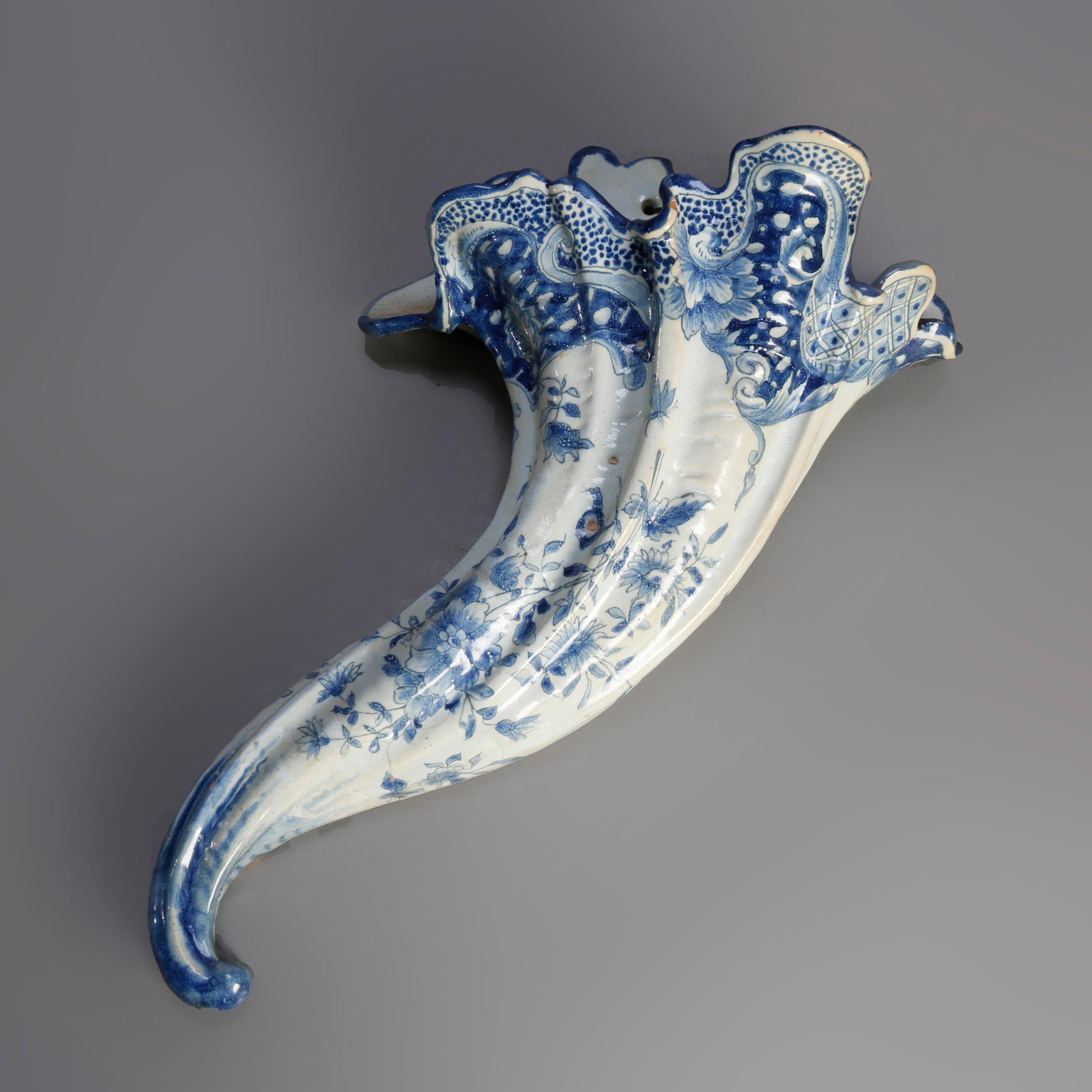 European Early Dutch Delft Pottery Cornucopia Form Wall Pockets, 18th Century
