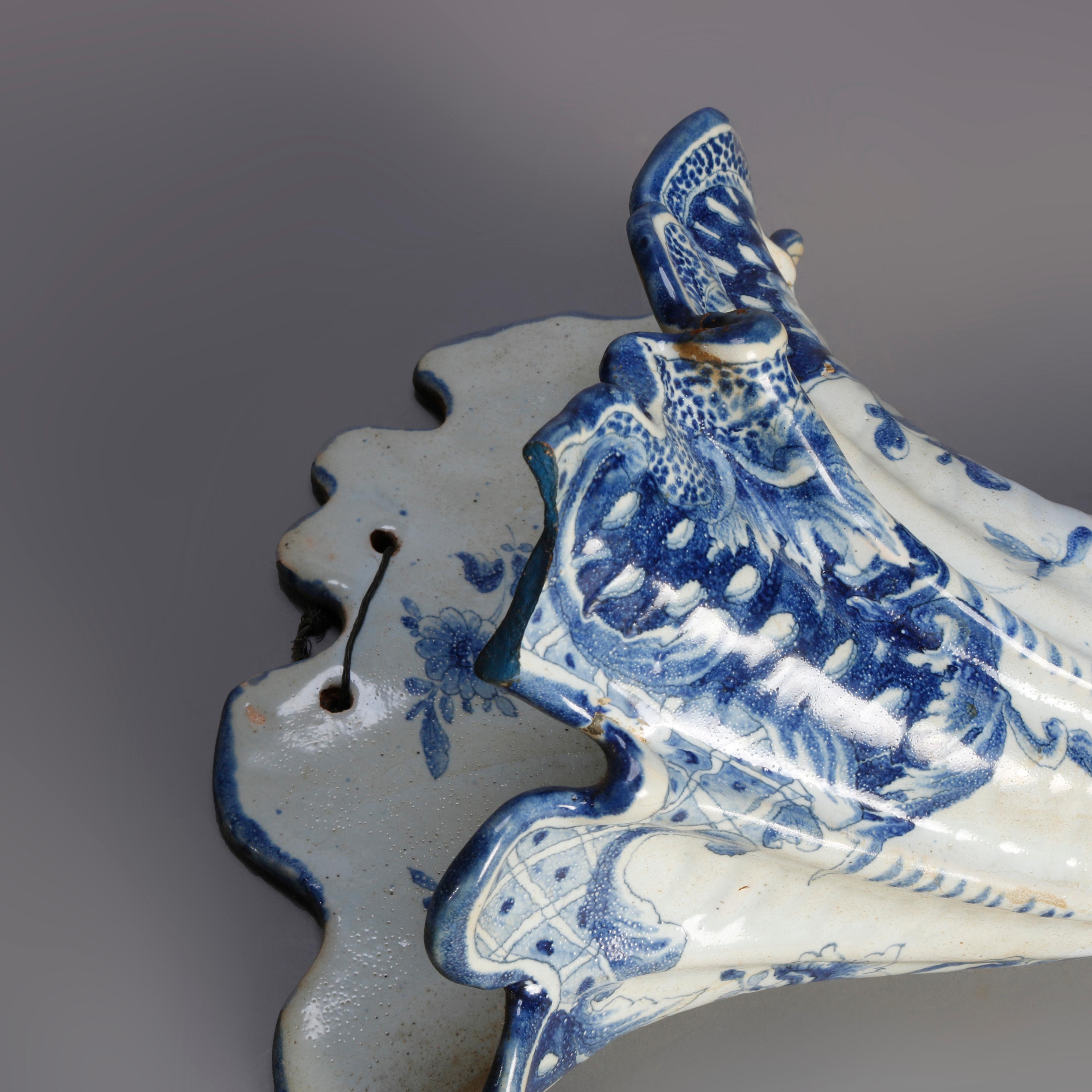 Hand-Painted Early Dutch Delft Pottery Cornucopia Form Wall Pockets, 18th Century