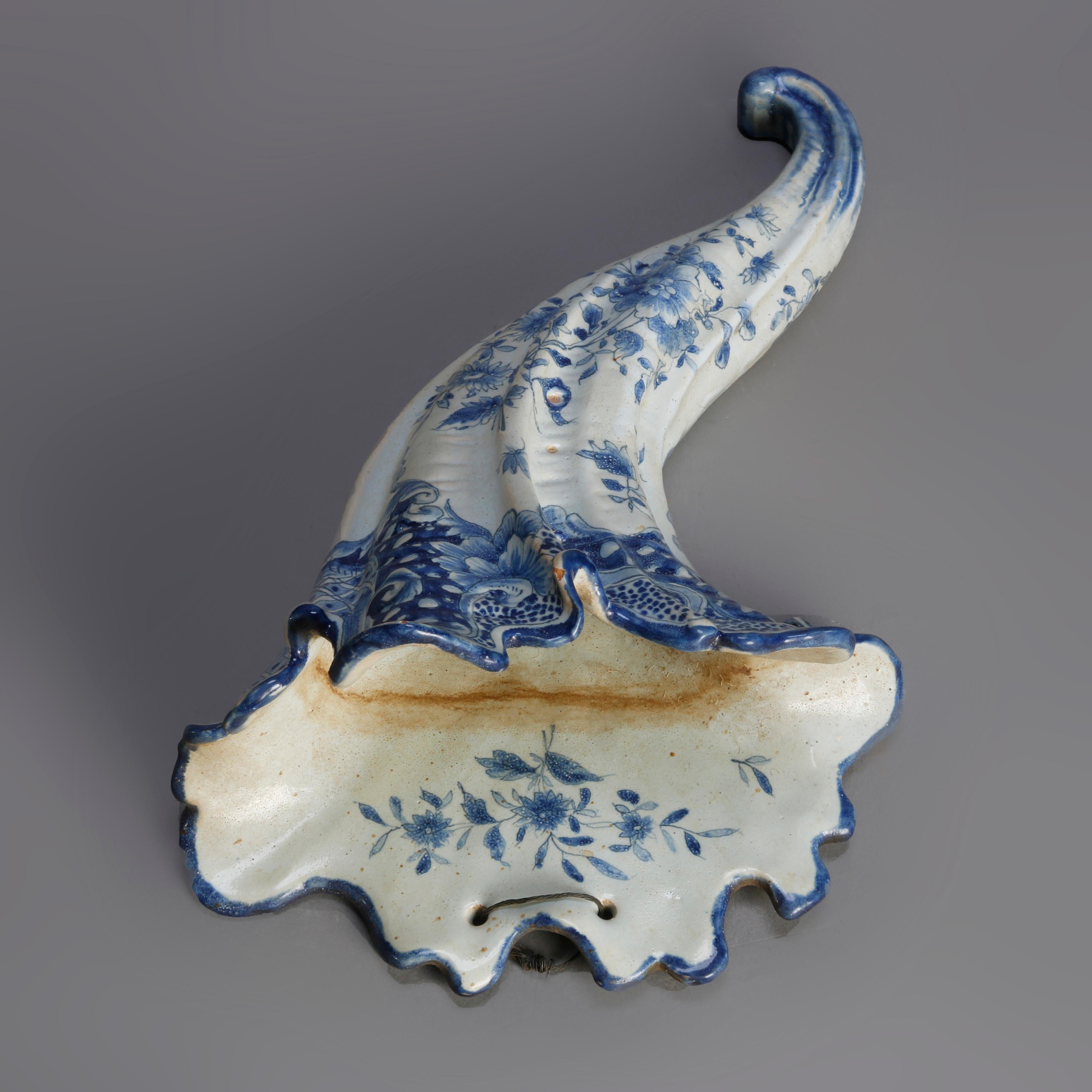 18th Century and Earlier Early Dutch Delft Pottery Cornucopia Form Wall Pockets, 18th Century